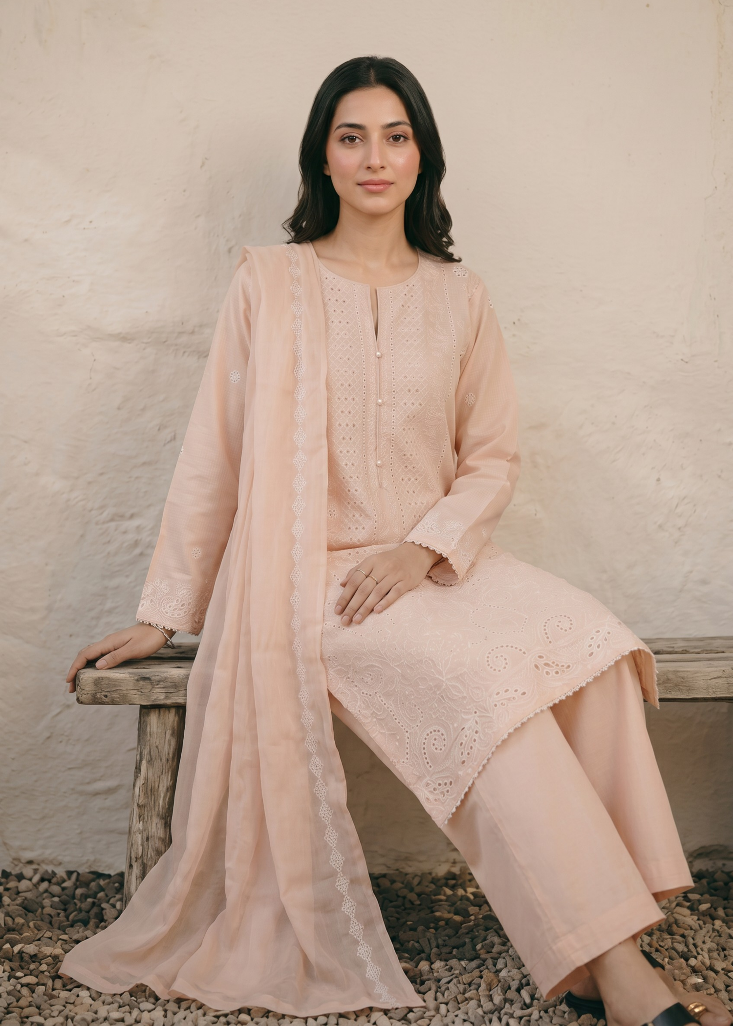 textured lawn Kurta Set in Baby pink