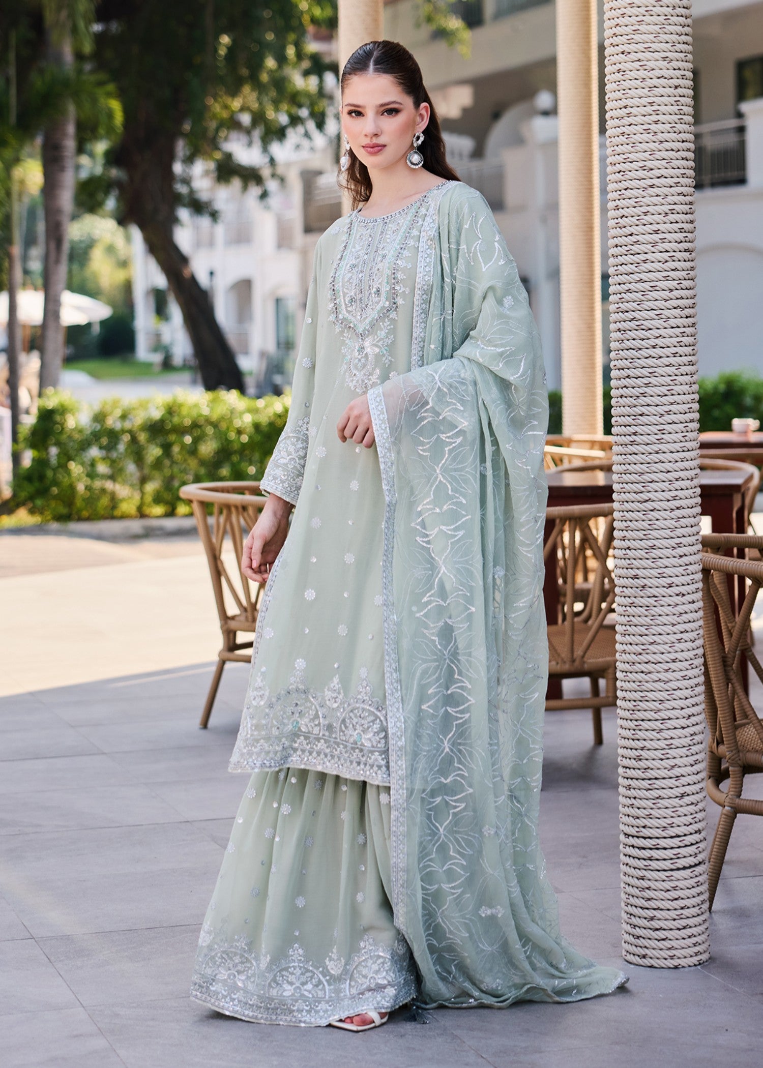 chiffon Gharara in Moss green