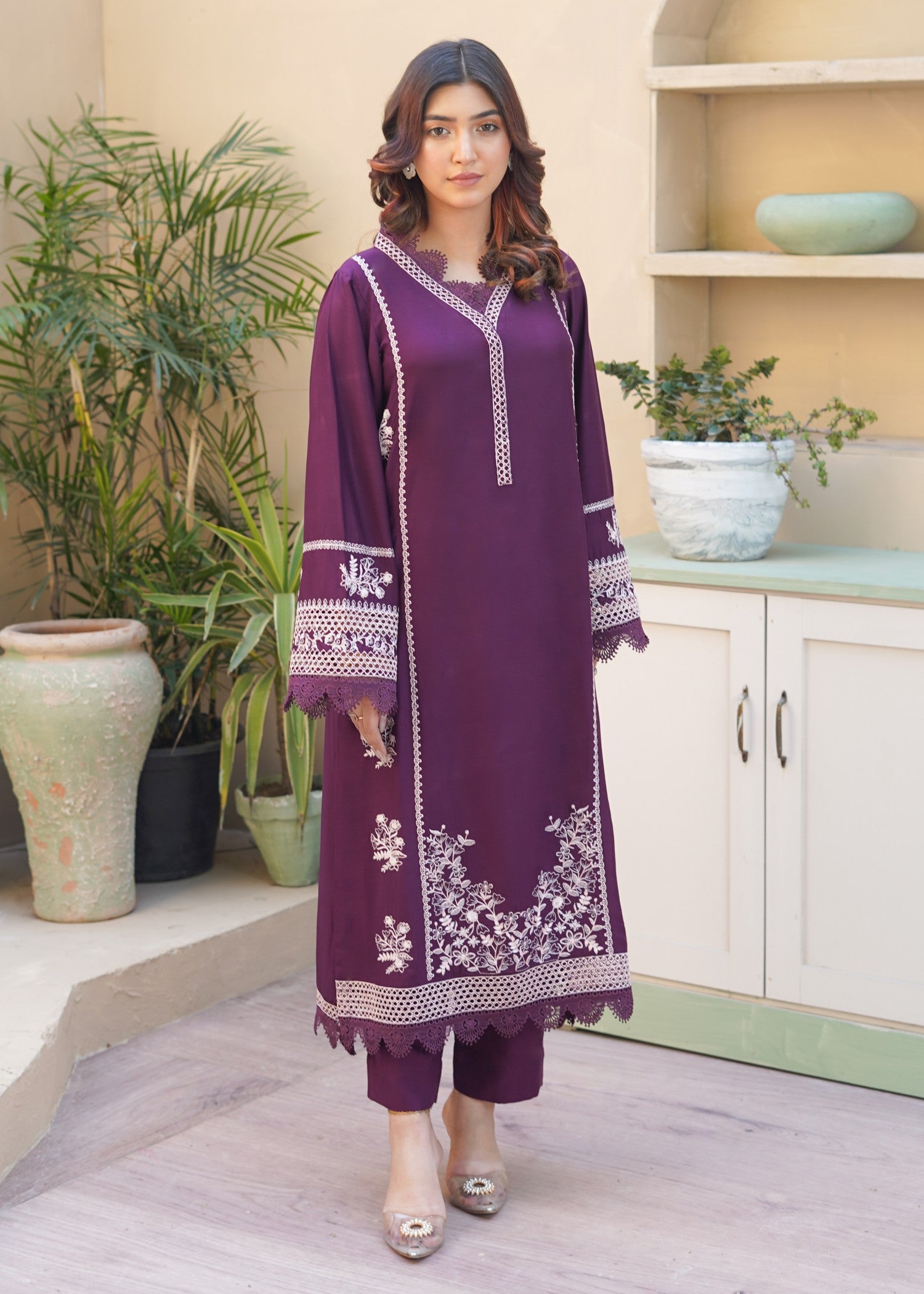arabic lawn Kurta Set in Deep purple