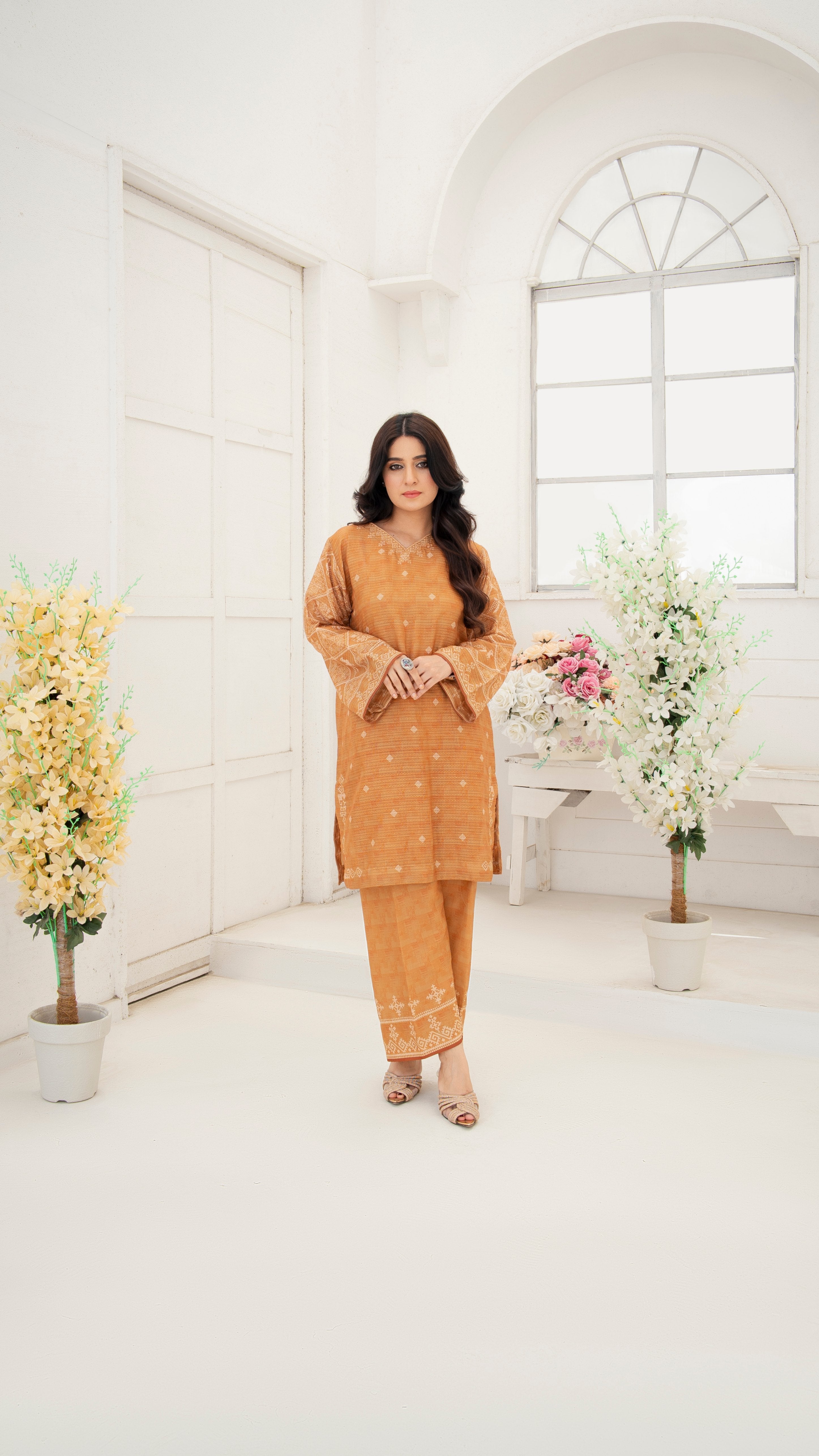 leno kara Kurta Set in Mustard