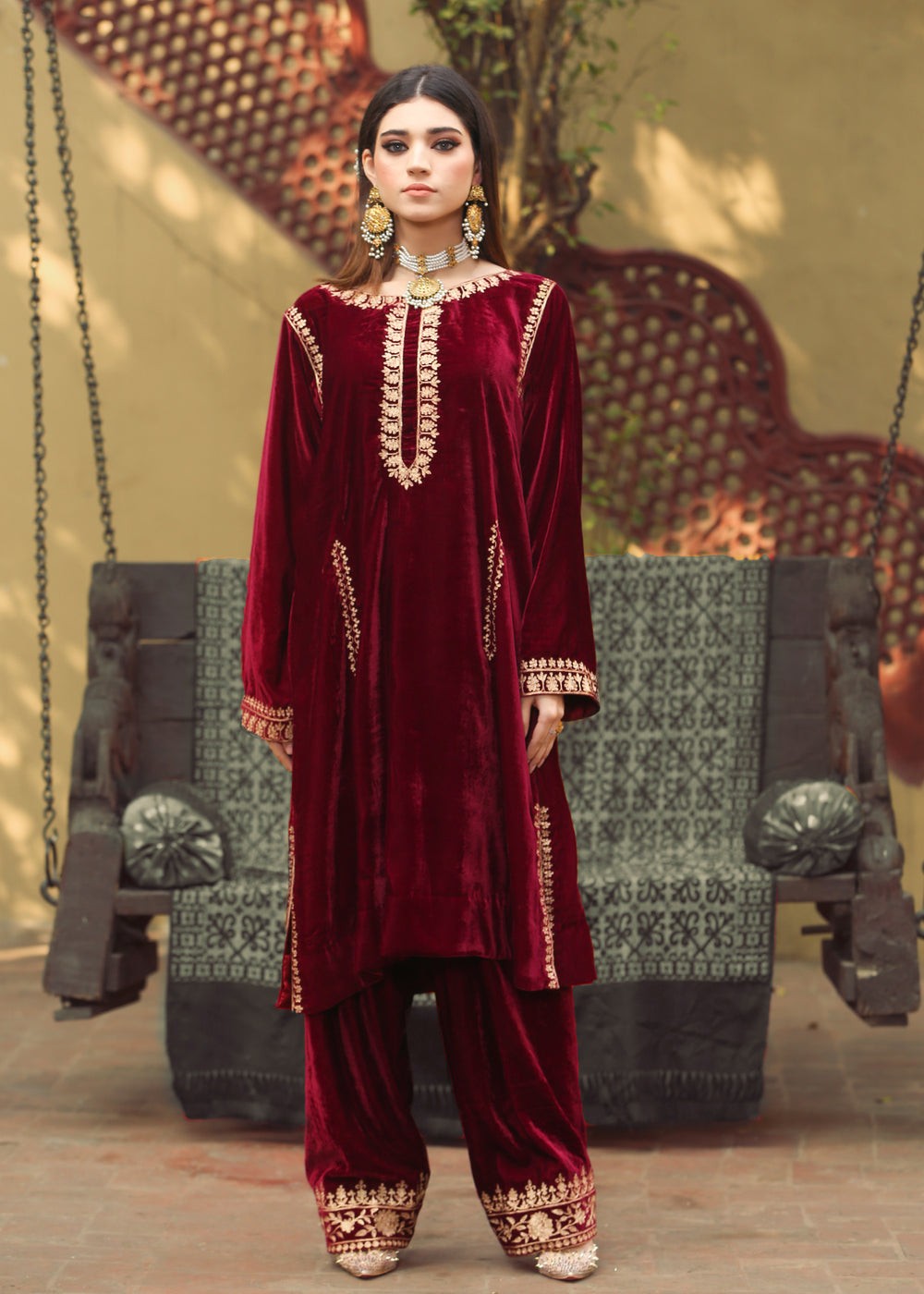 velvet Kurti in Maroon
