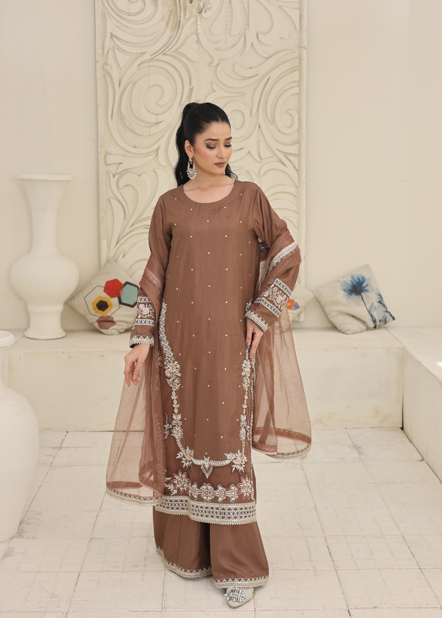 silk Kurta Set in Tawny brown