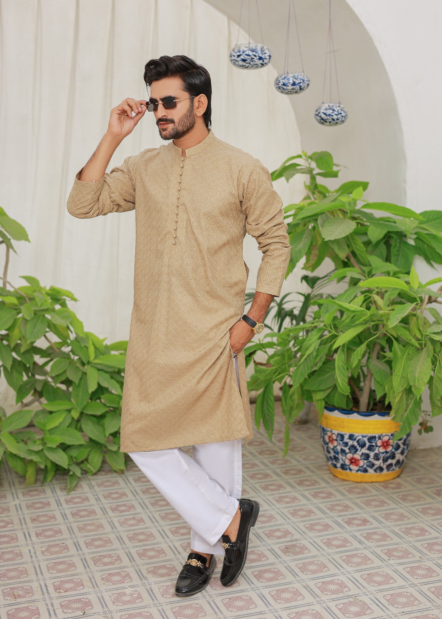chikankari cotton Kurta Set in Beige