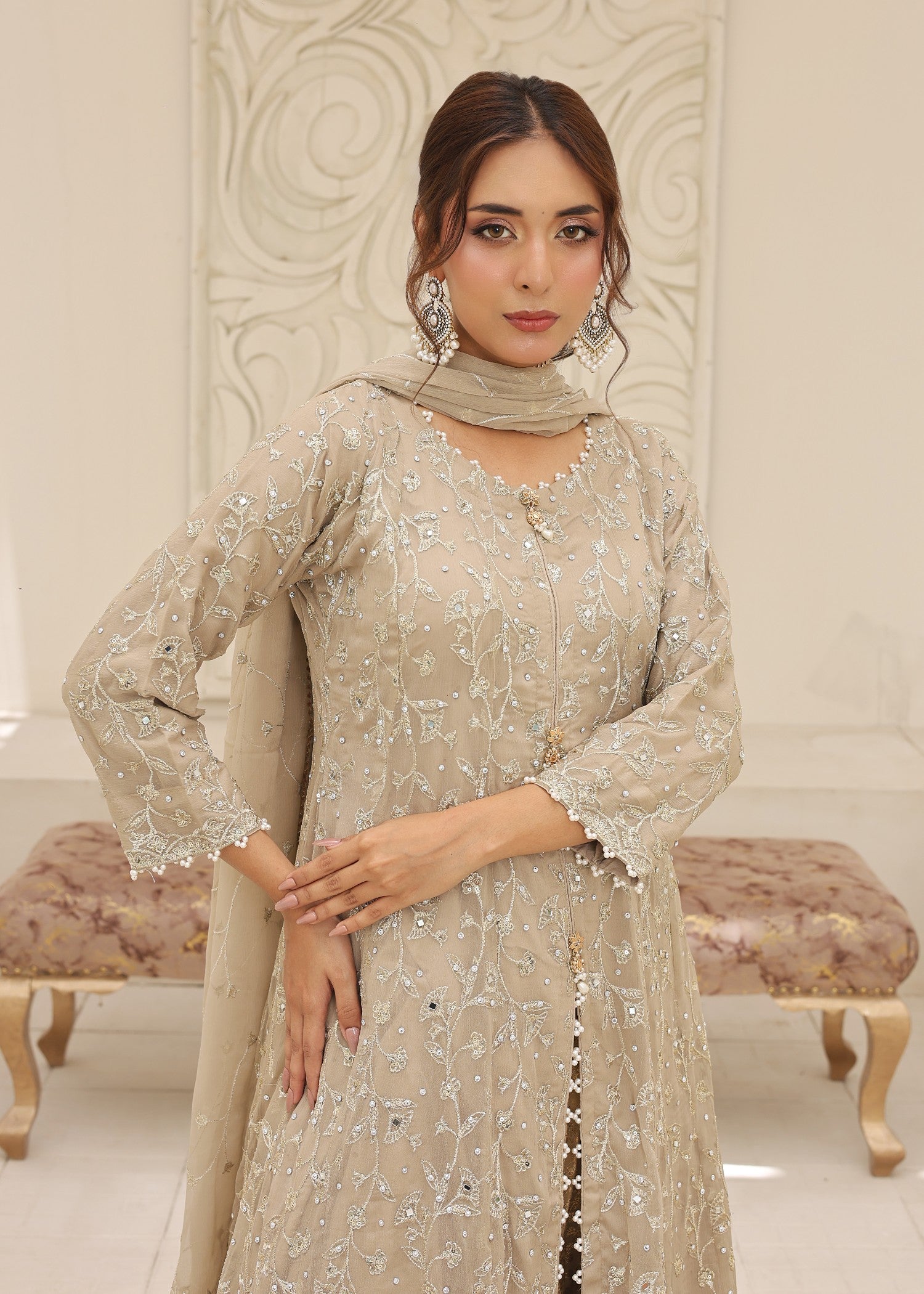 bemberg crinkle chiffon Lehenga in Eggshell