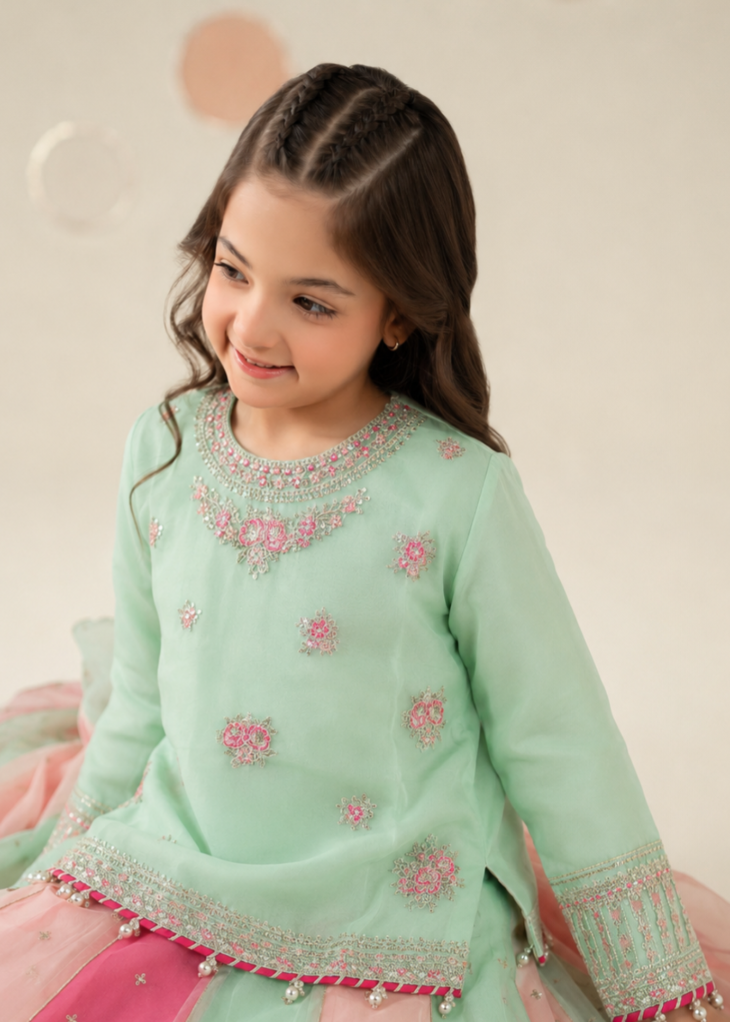 organza Lehenga in Multi, moss green
