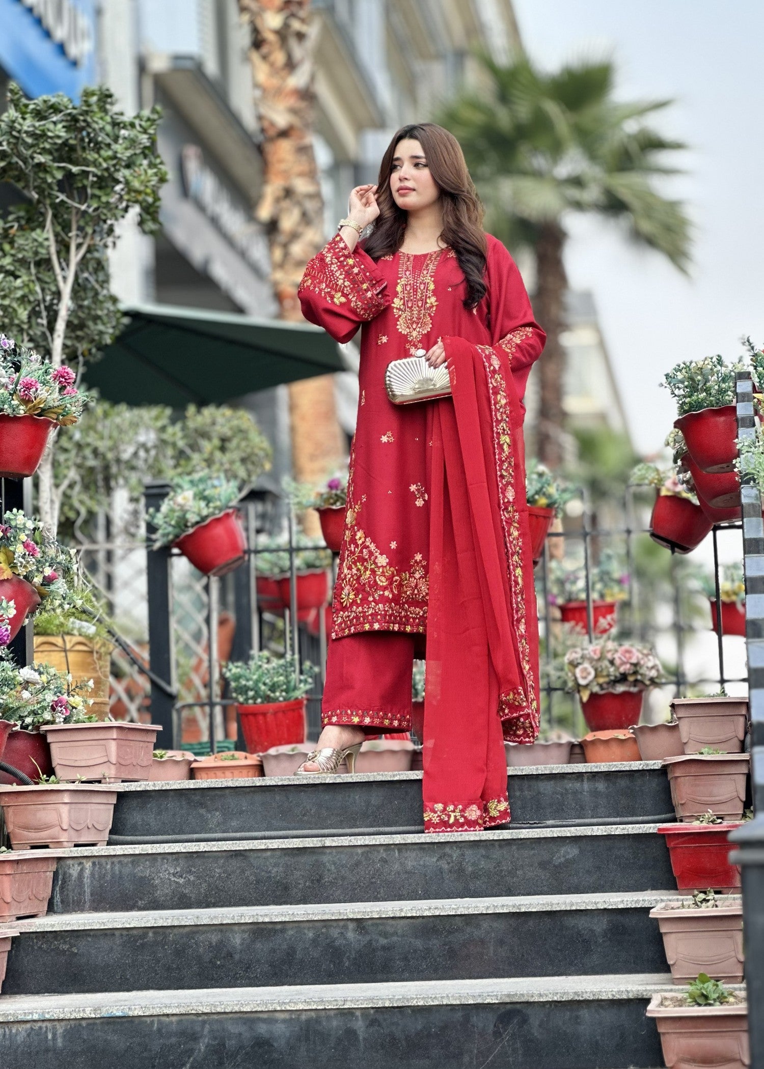 lawn cotton Kurta Set in Amaranth