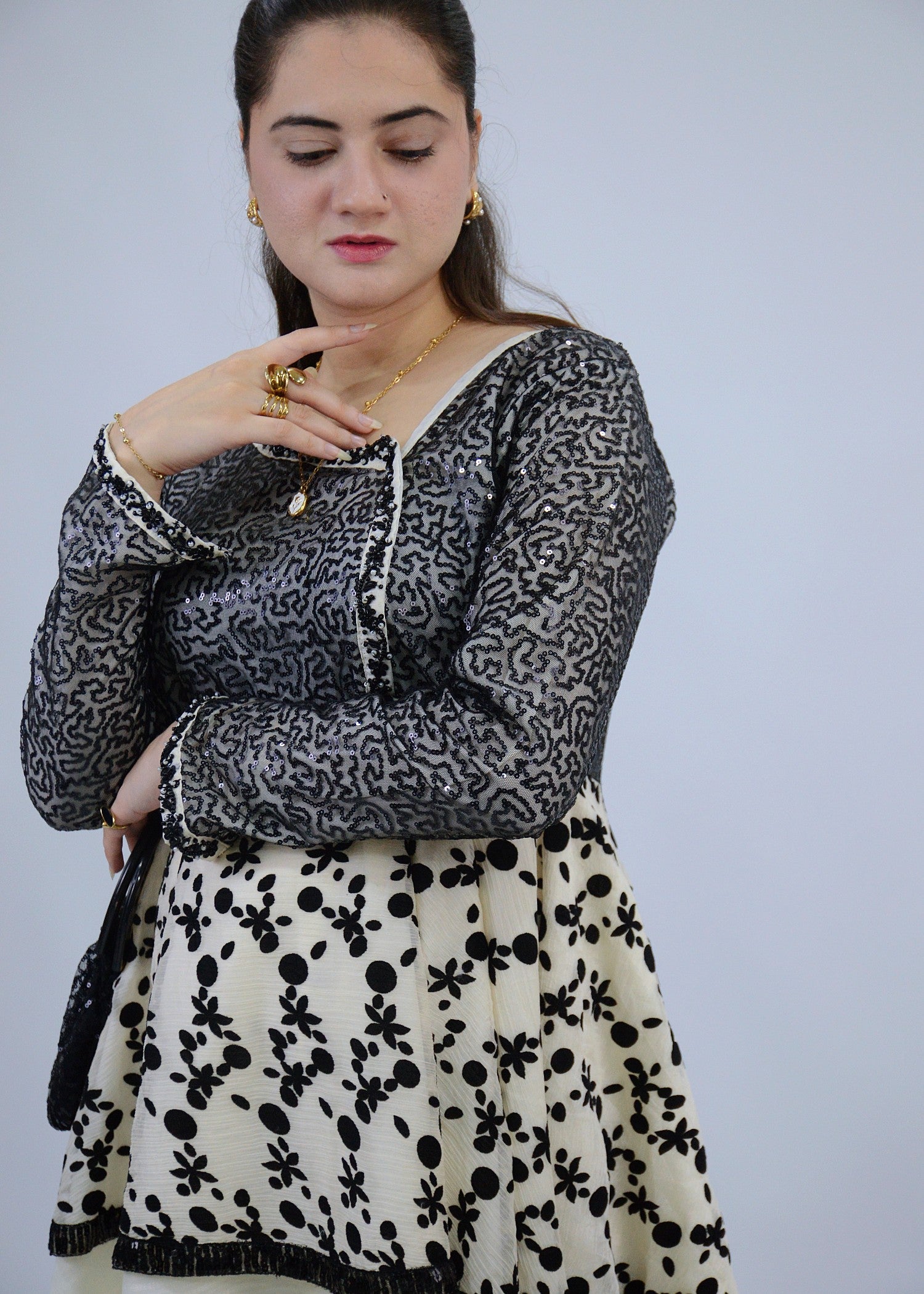 chiffon Short Frock in White, off-white, black