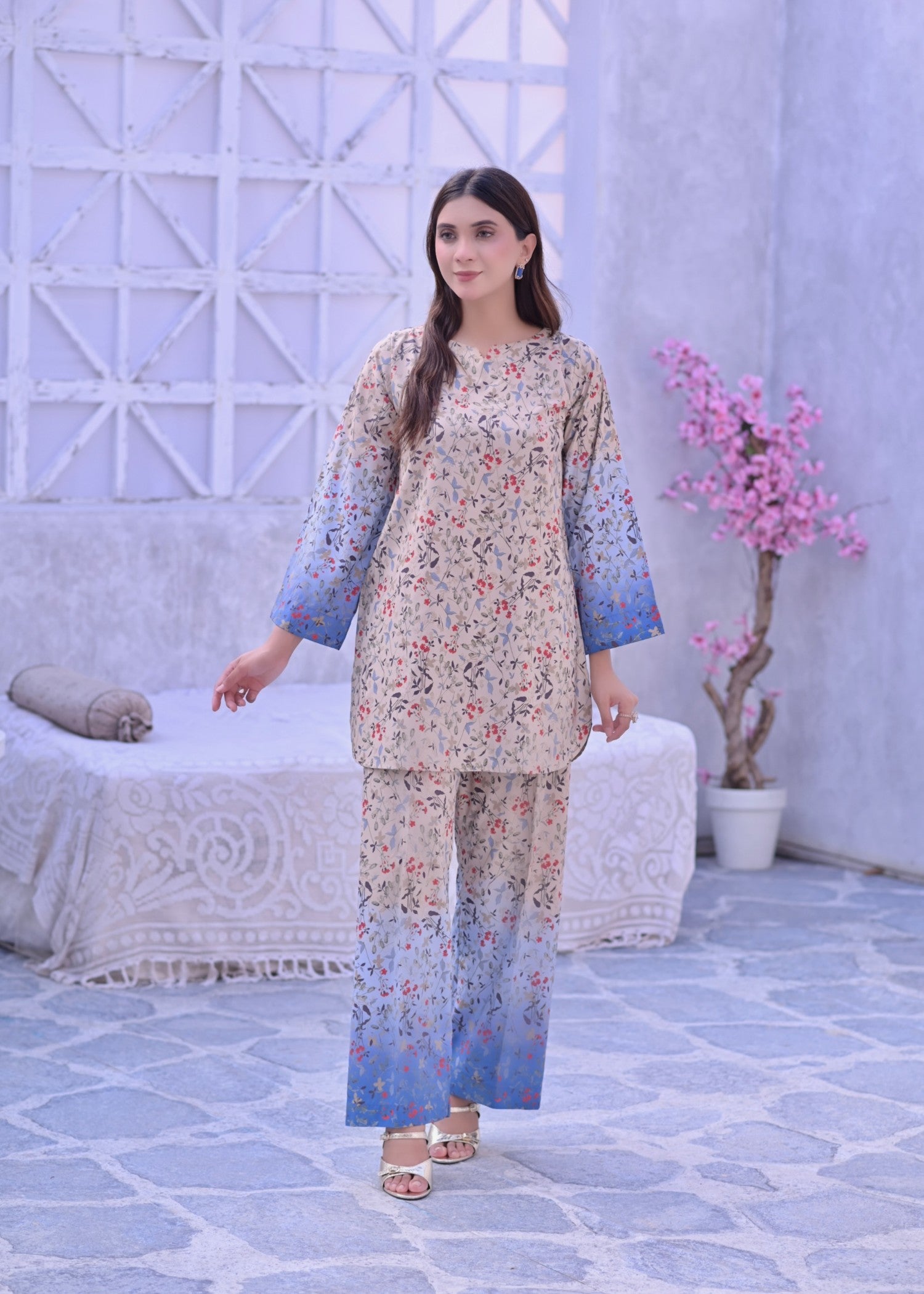 crepe Co Ord Sets in Beige, blue