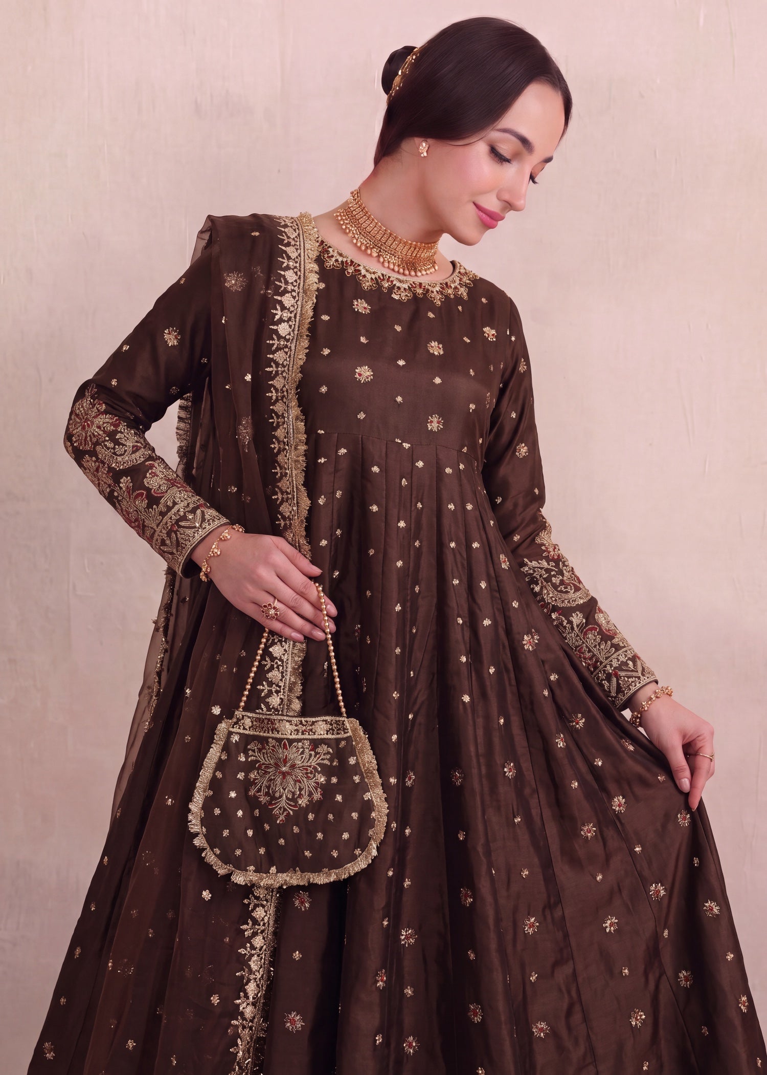silk Pishwas in Mocha brown