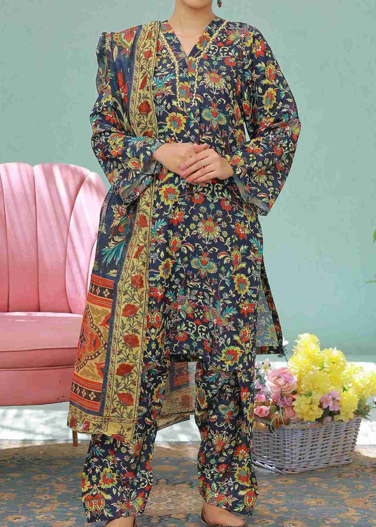 swiss lawn Kurta Set in Dark blue