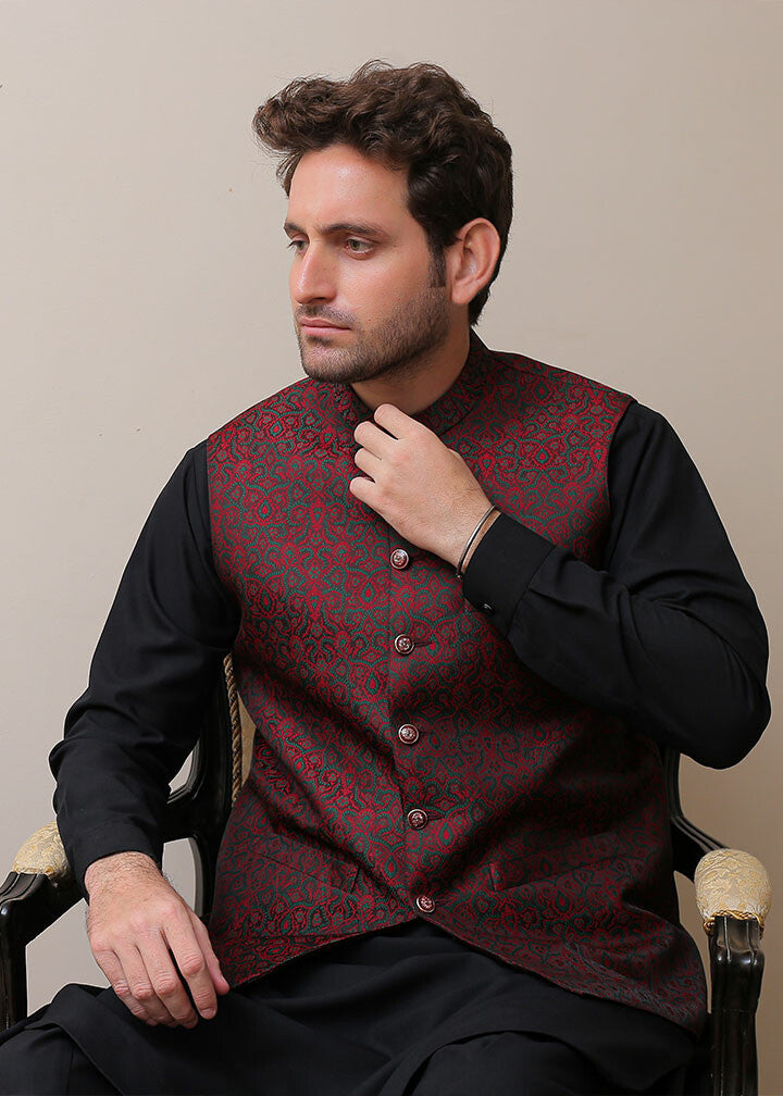 jamawar Waistcoat in Maroon