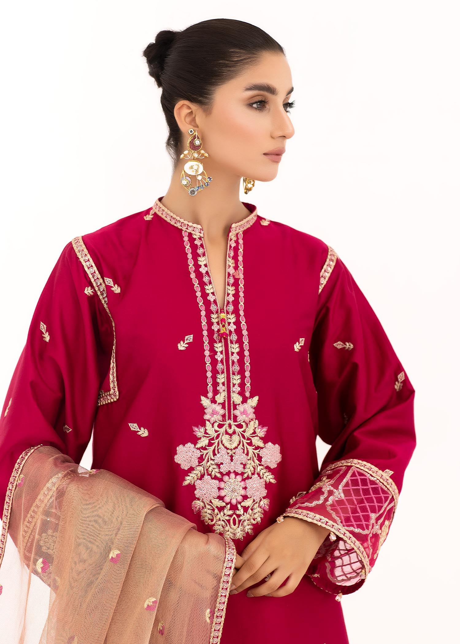 cotton satin Kurta Set in Red