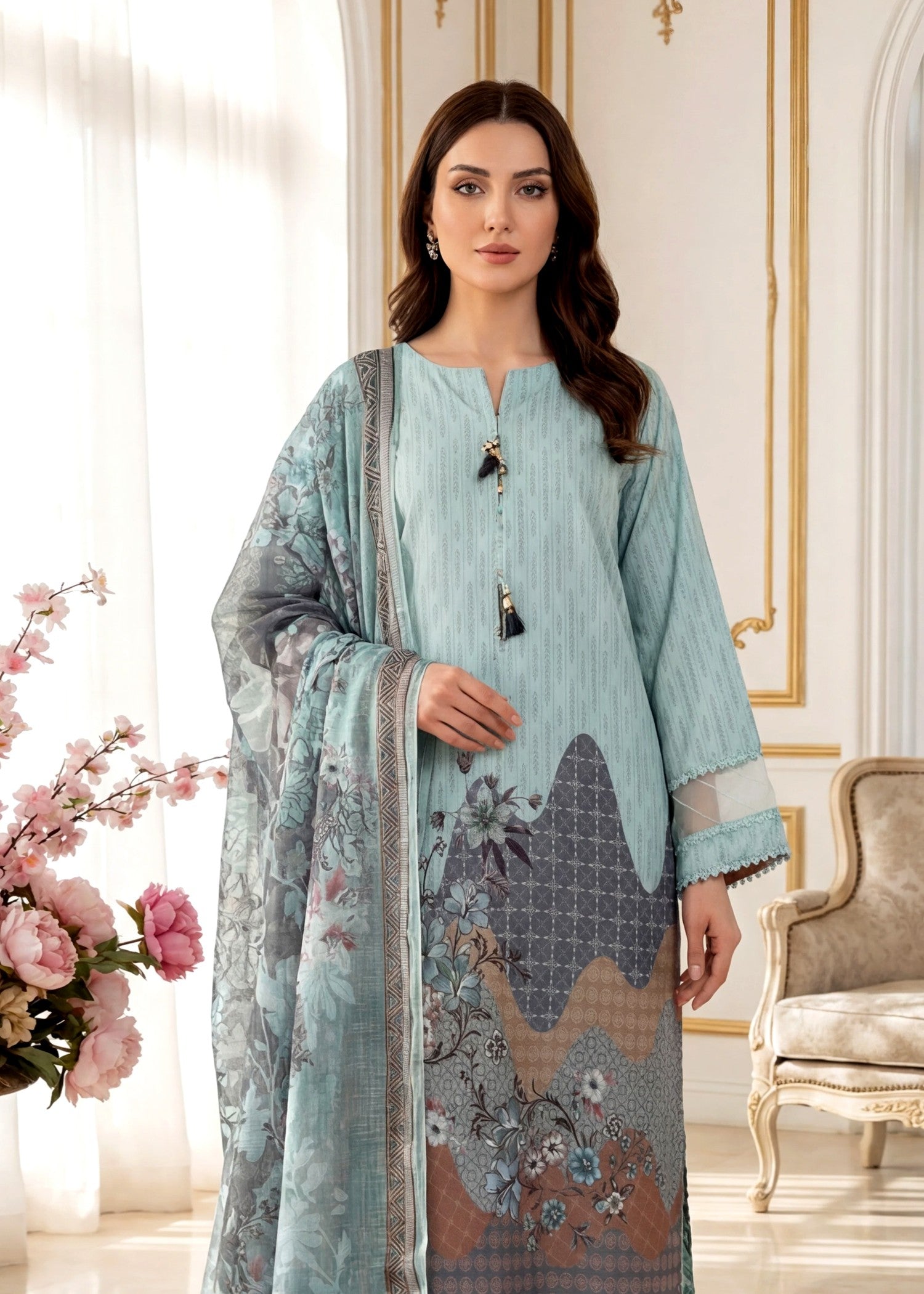 arabic lawn Kurta Set in Frost blue