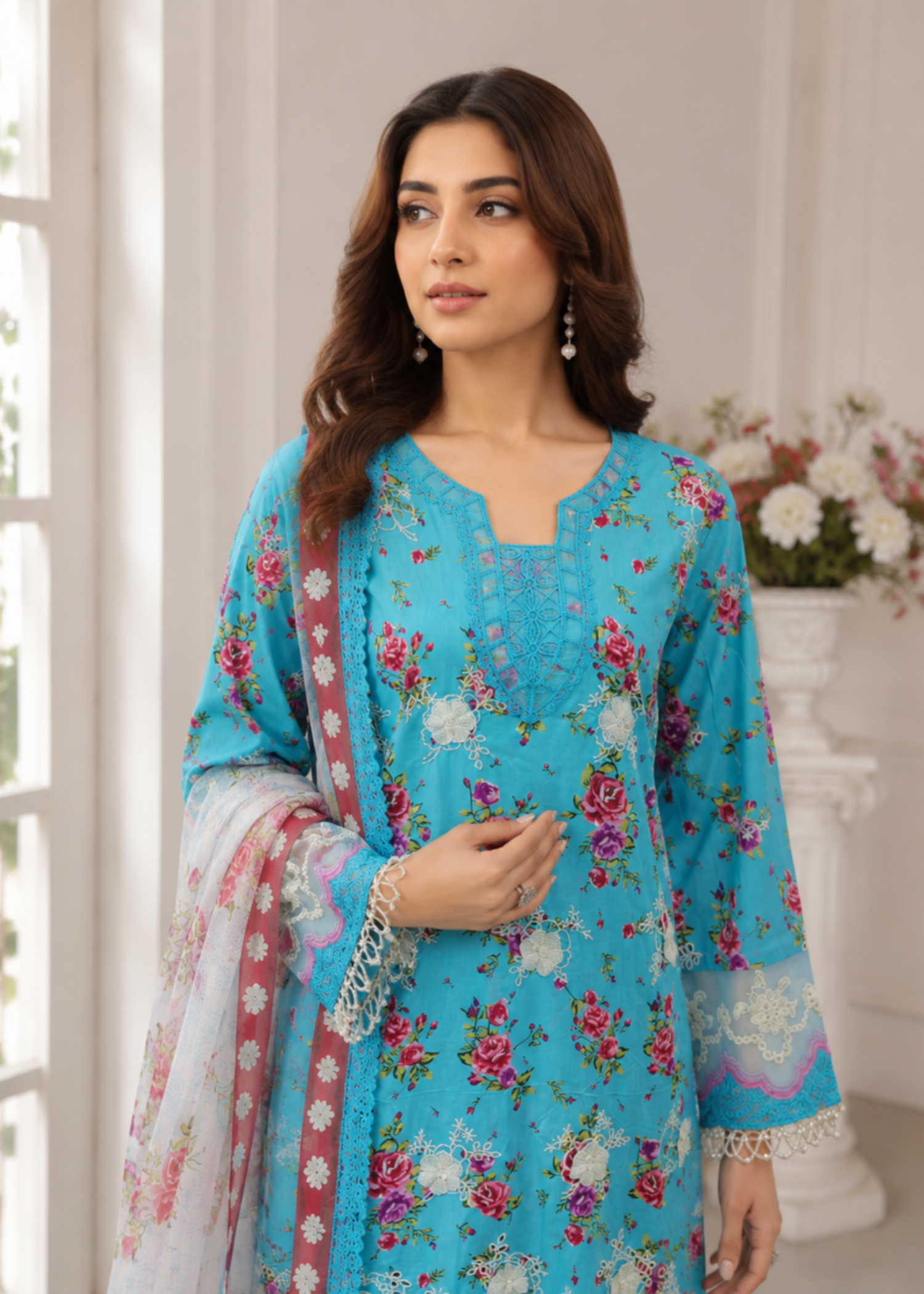 lawn Kurta Set in Blue lagoon