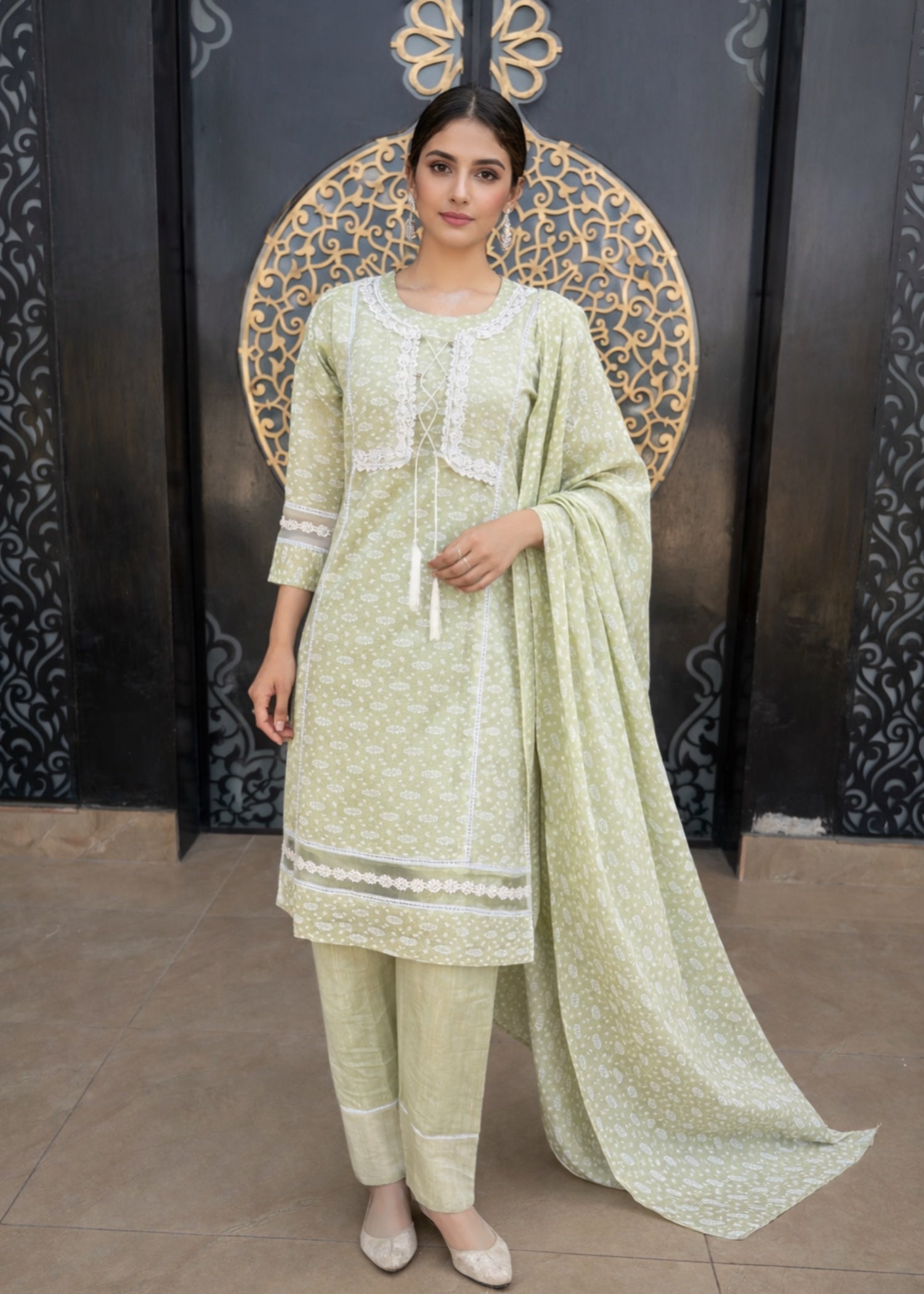 paper lawn Kurta Set in Sage green