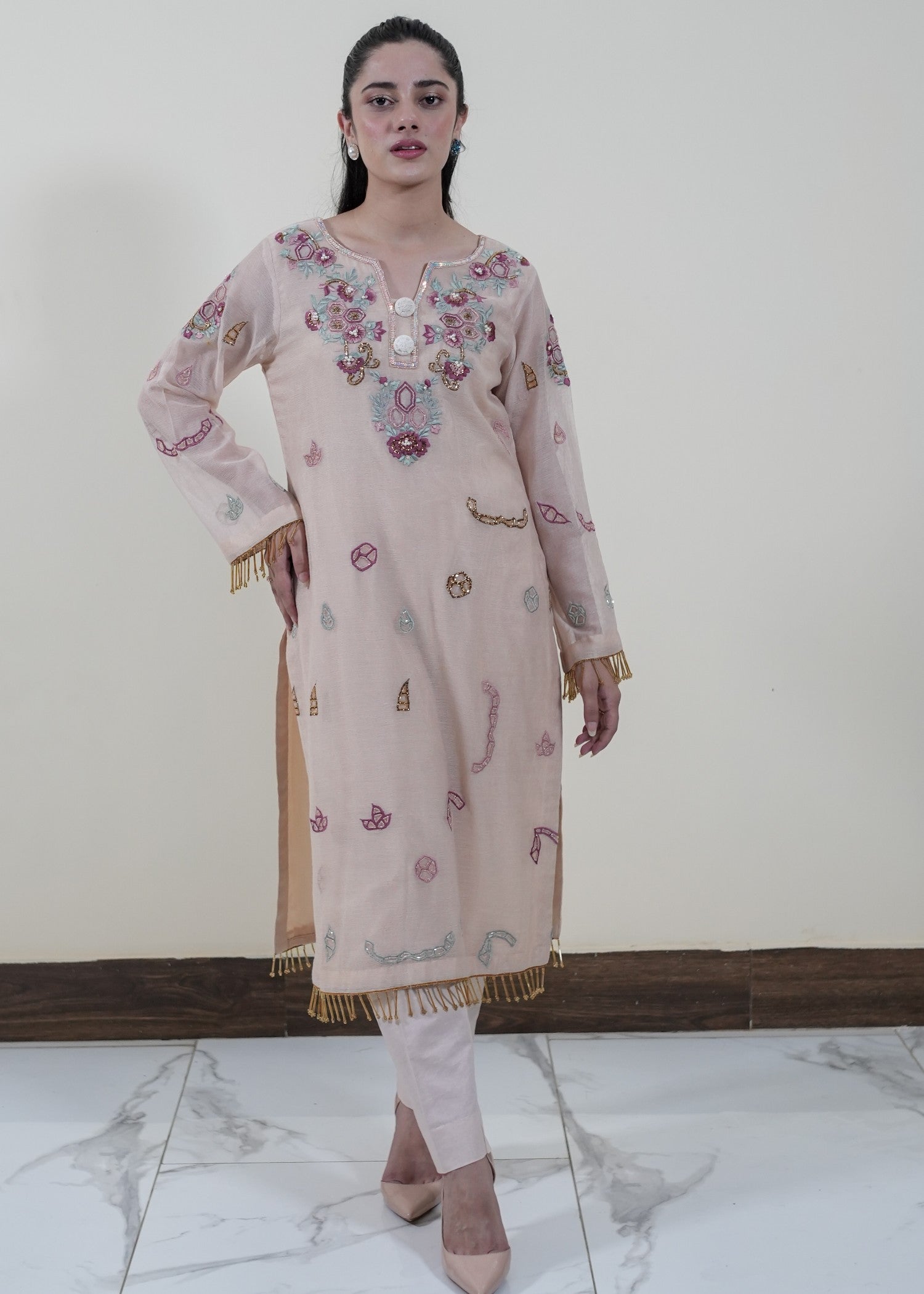 cotton net Kurta Set in Beige