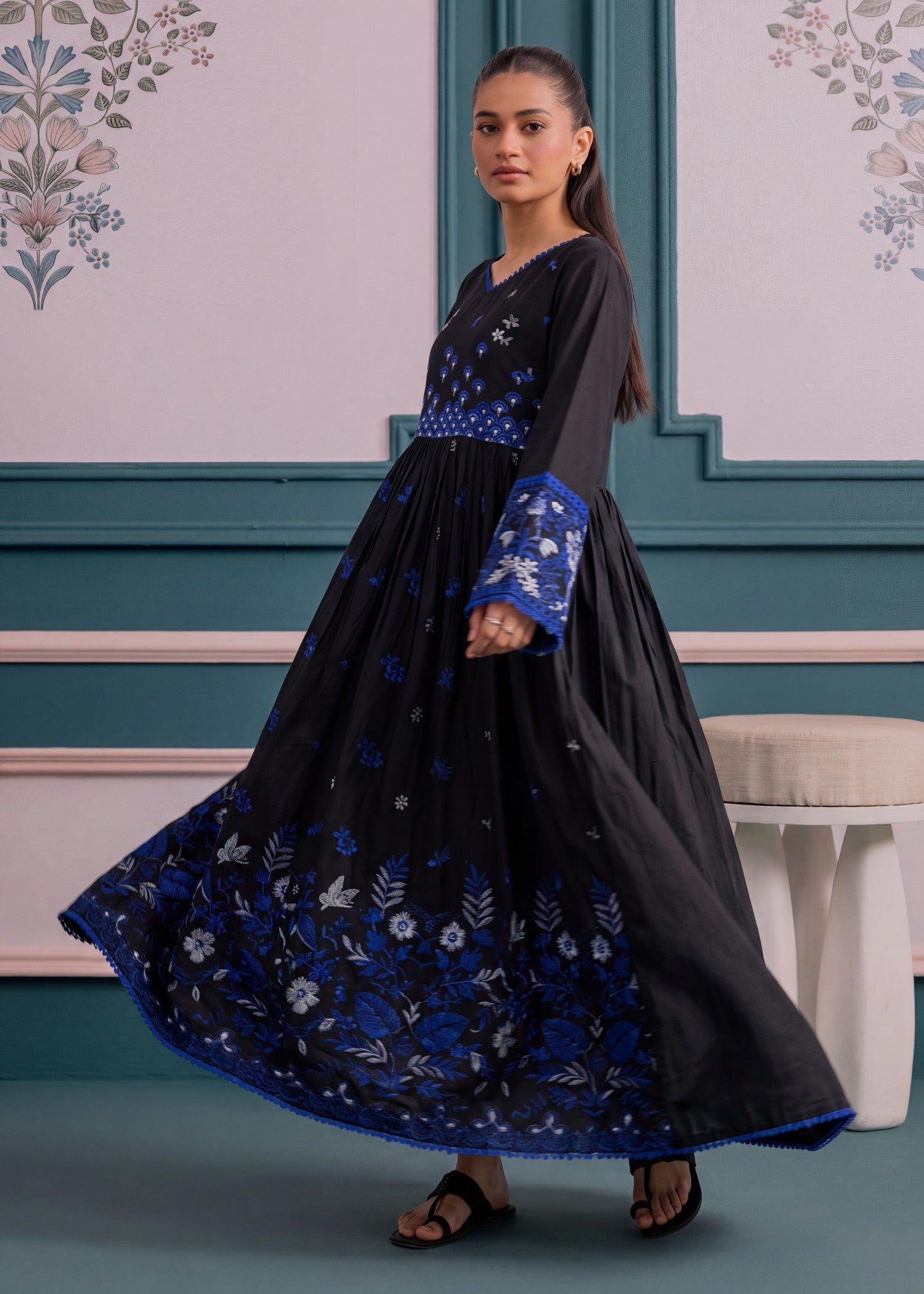 lawn Anarkali in Black