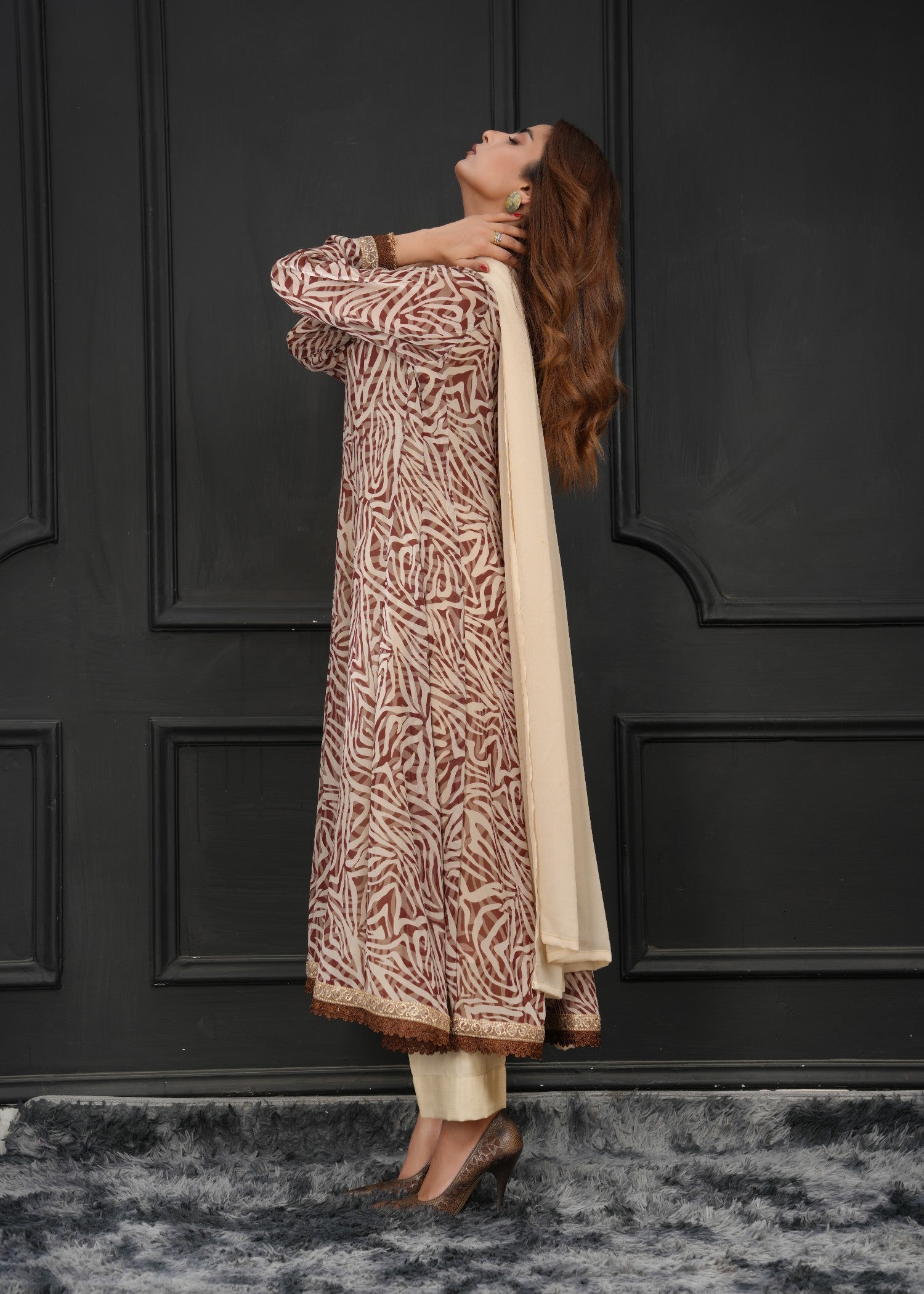 georgette Anarkali in Maroon, camel brown