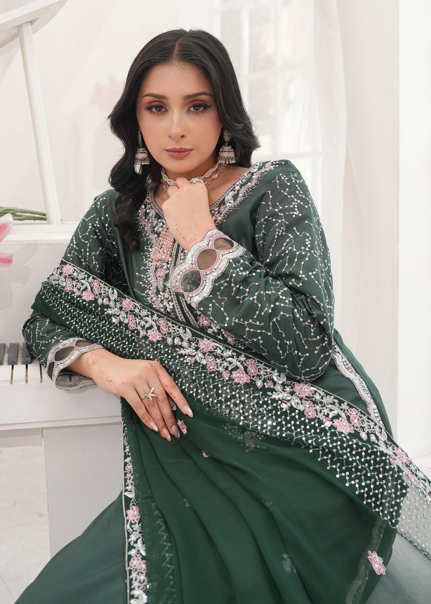 kattan silk Kurta Set in Bottle green