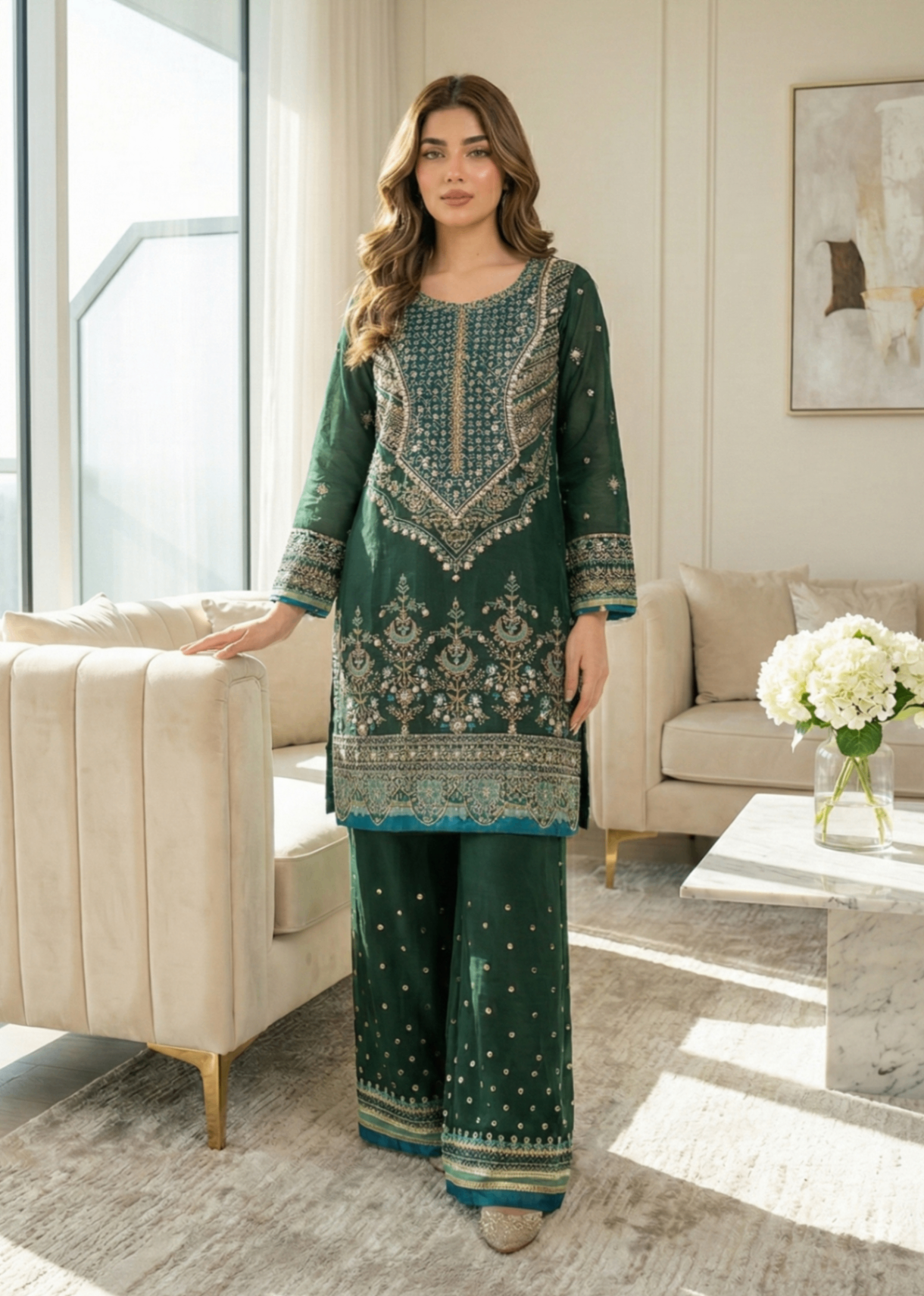 organza Kurta Set in Bottle green
