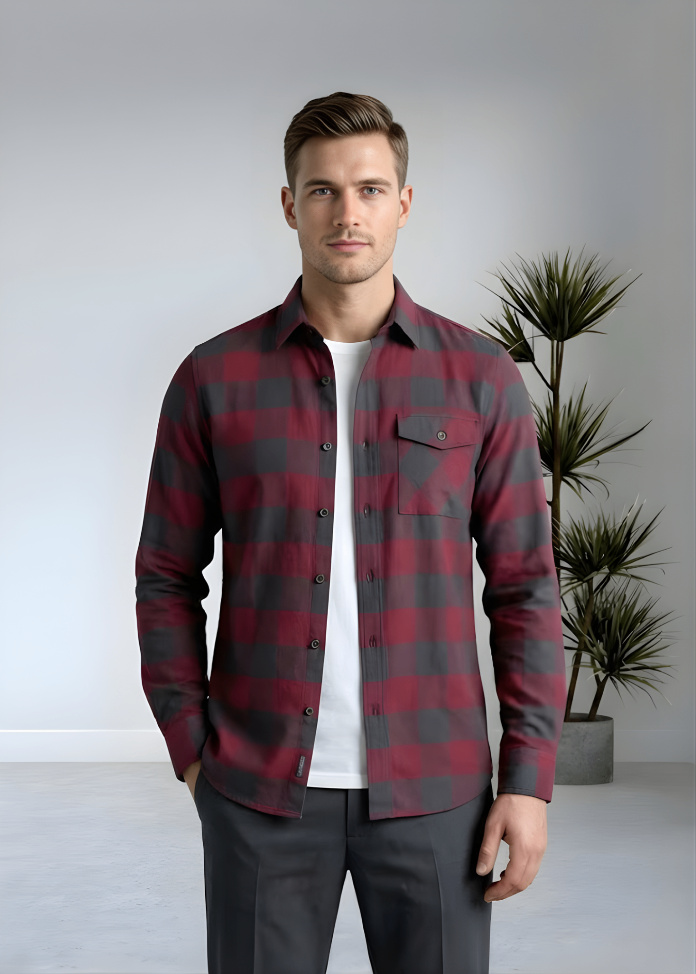flannel Casual Shirt in Black, red