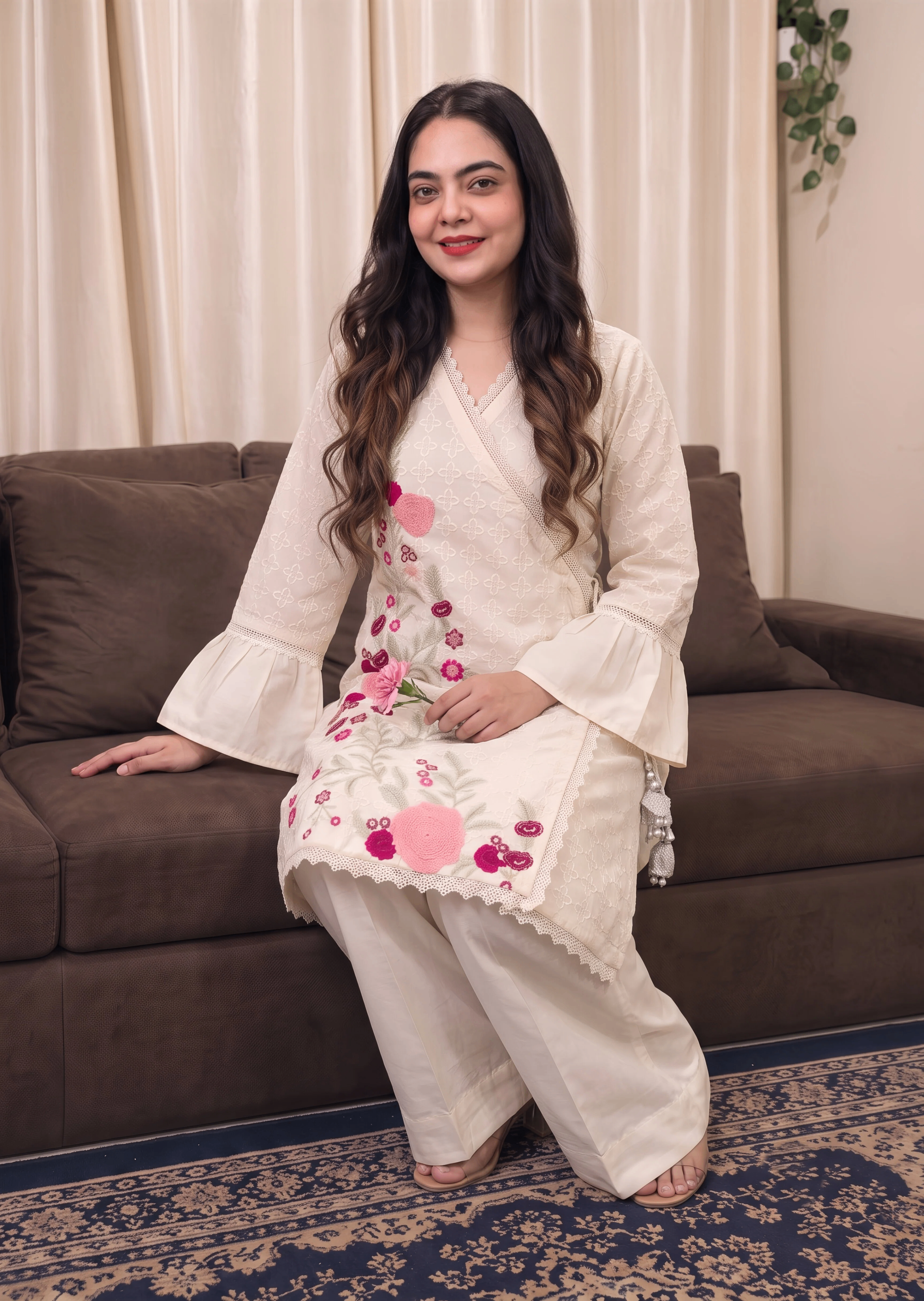 cotton crepe Angrakha in Off-white