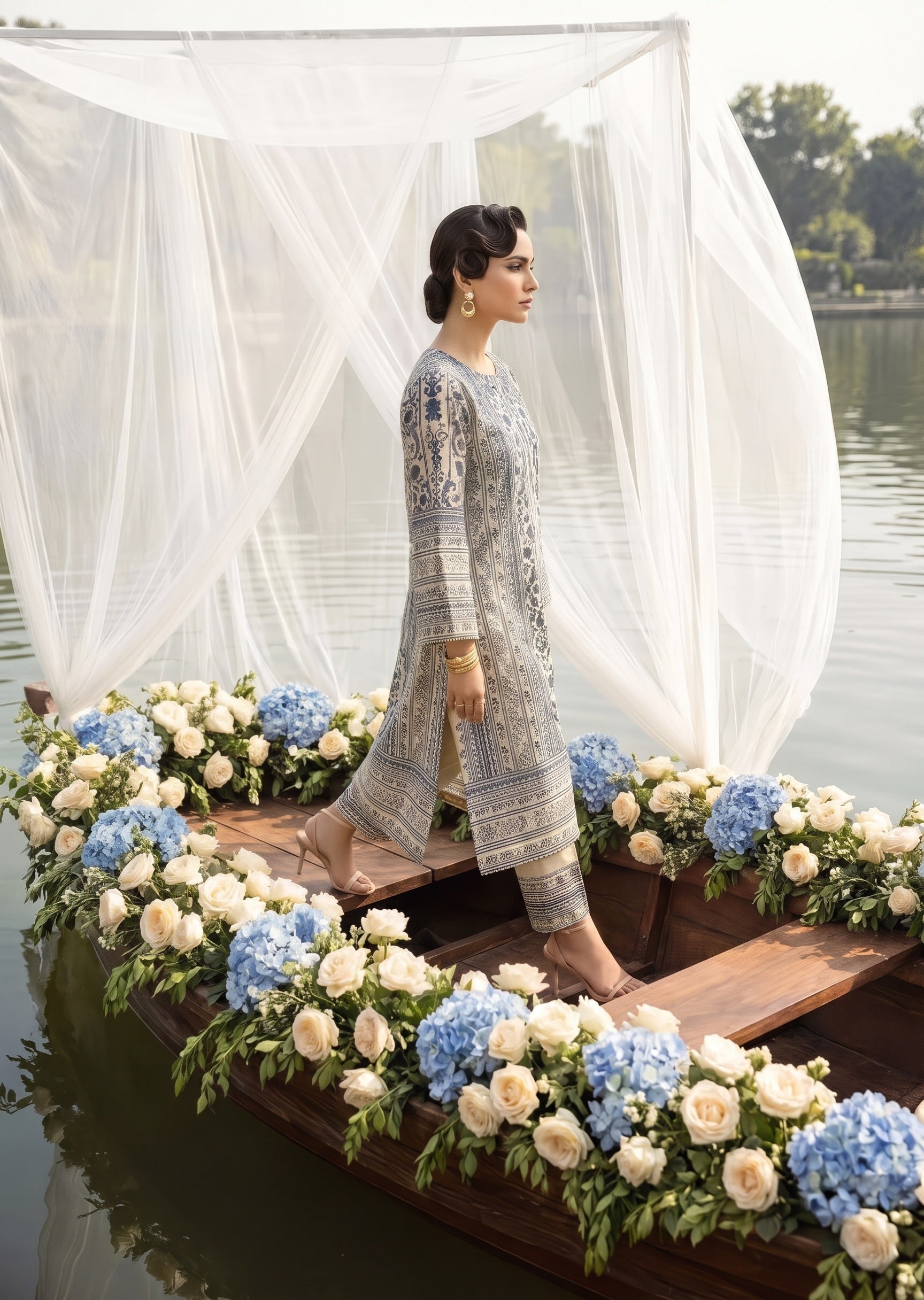 poly lawn Kurta Set in Ice blue, beige