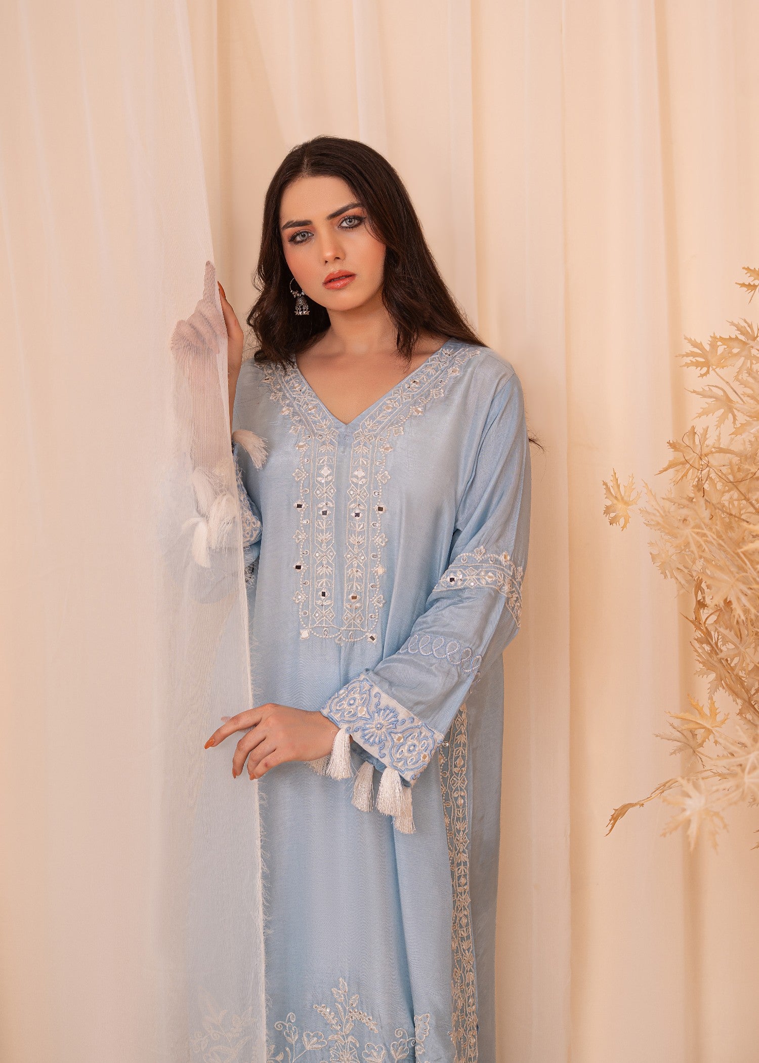 silk Kaftan in White, powder blue