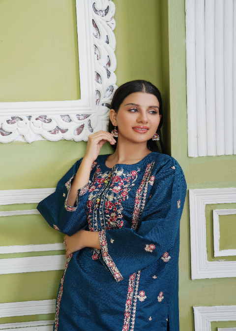 yarn dyed khaddi Kurta Set in Blue