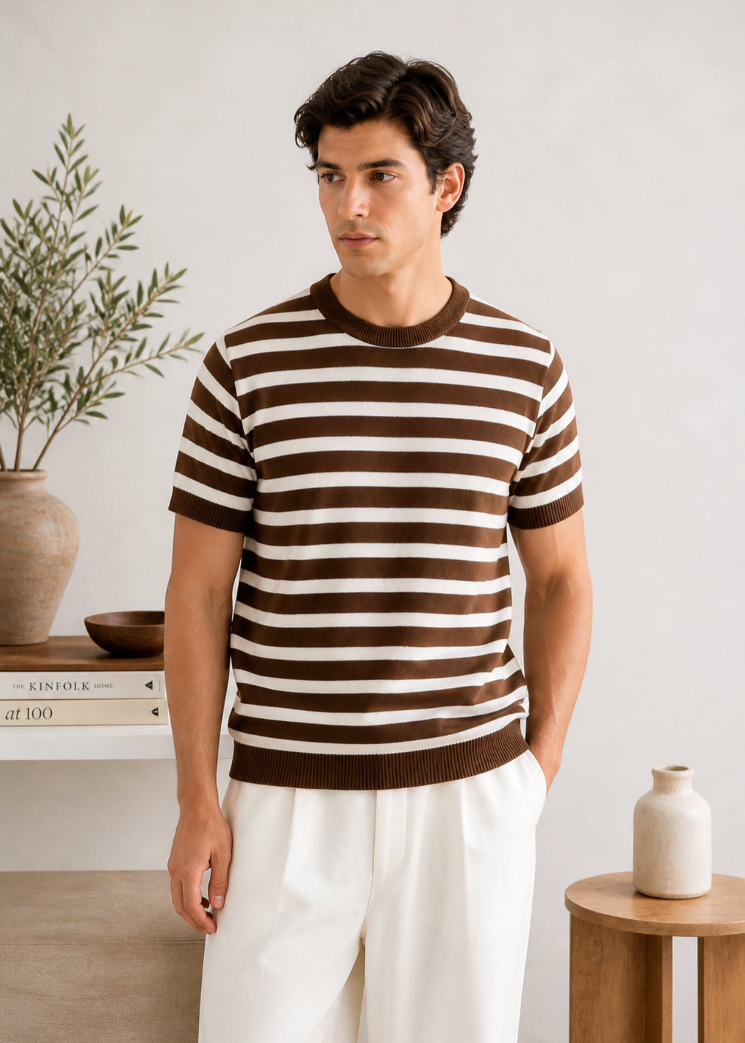 cotton T Shirt in White, mocha brown