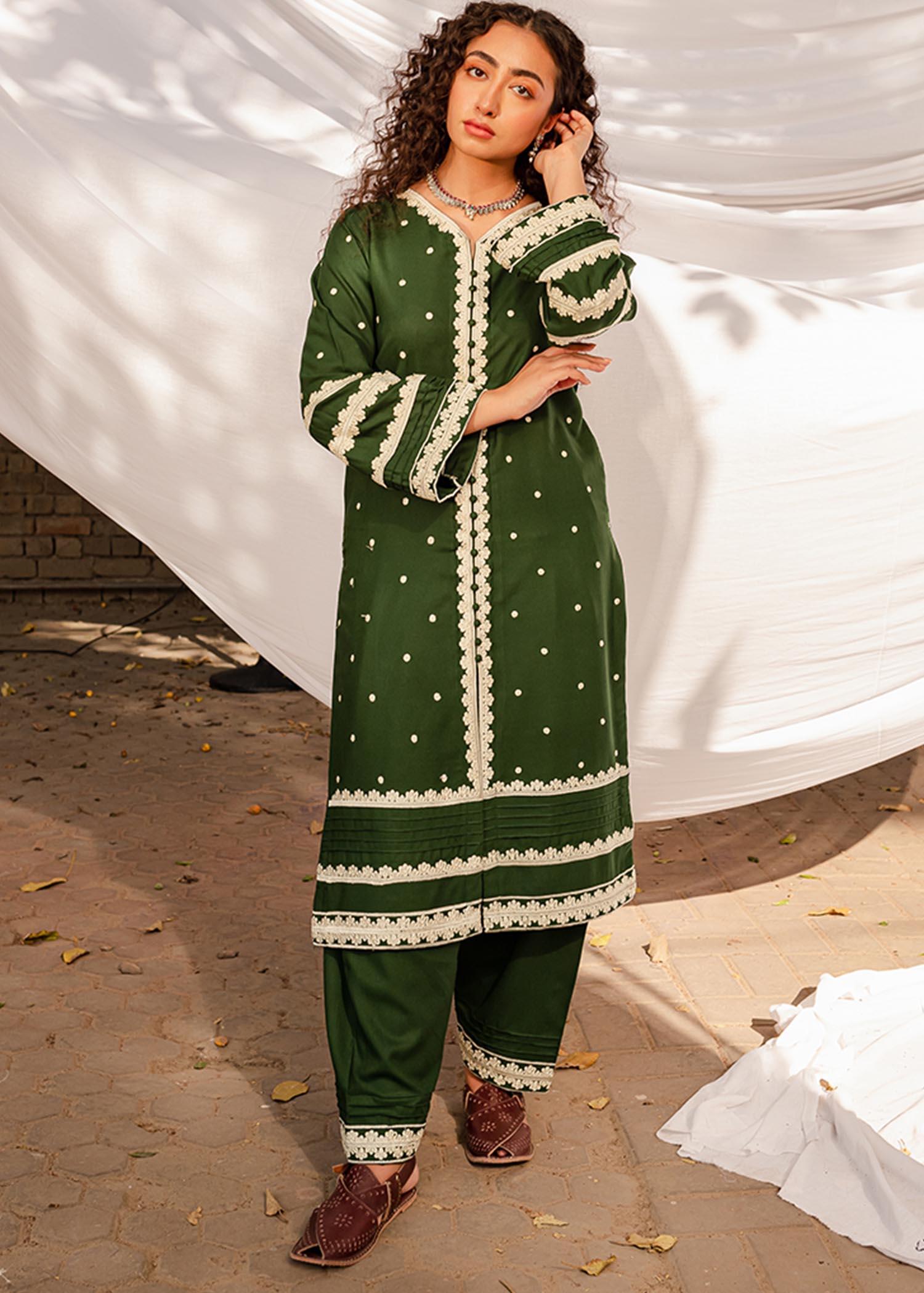 linen Kurti in Dark green