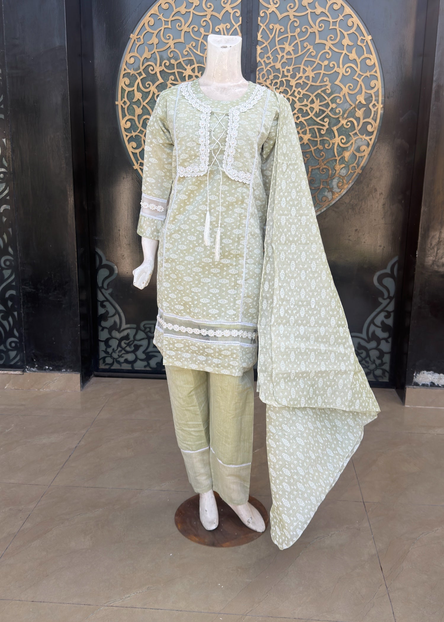 paper lawn Kurta Set in Sage green
