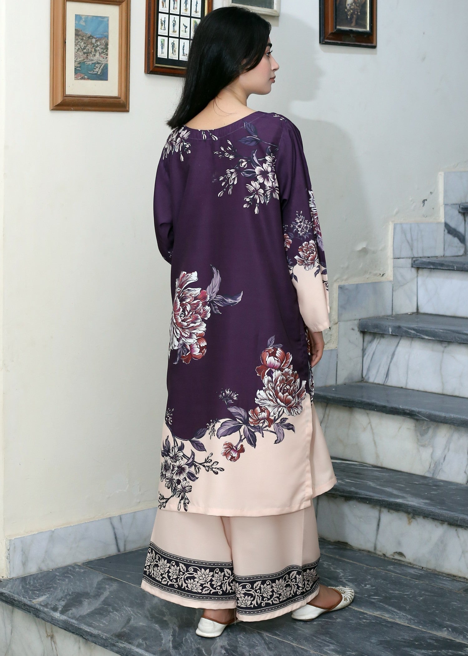 poly lawn Kurta Set in Tea rose pink, purple