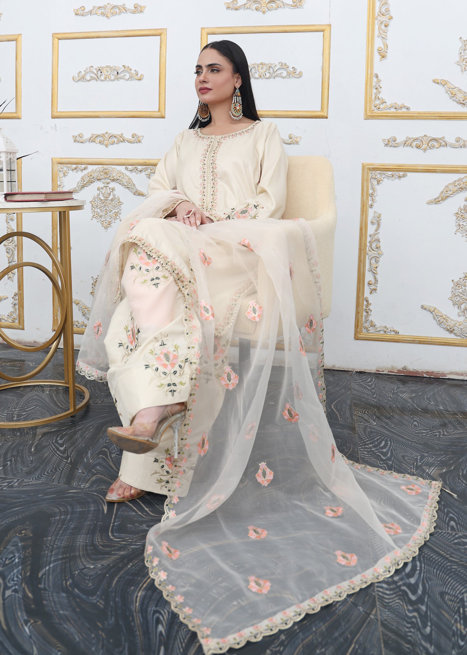 polyester-silk blend Kurta Set in Ivory