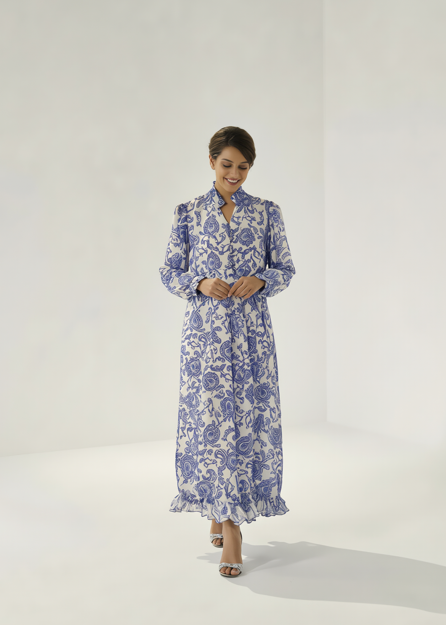 crinkle chiffon Maxi in Royal blue, white