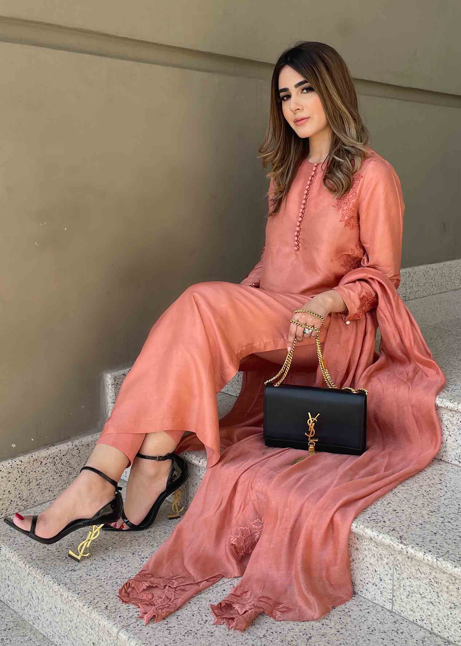 raw silk Kurta Set in Coral pink