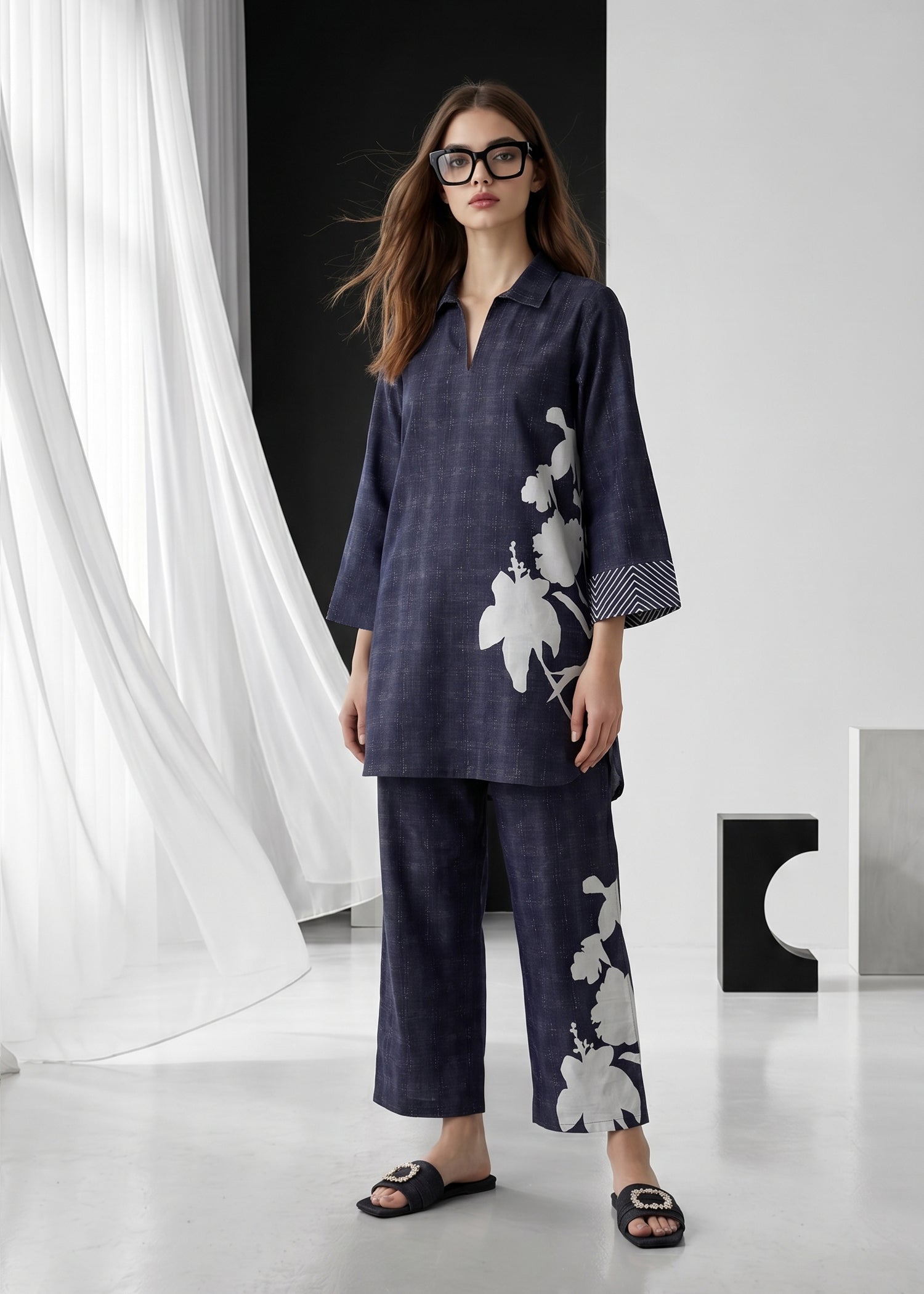 slub lawn Co Ord Sets in Twilight blue