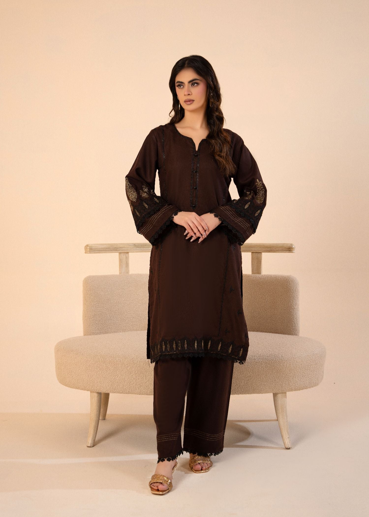 dhanak Kurta Set in Chocolate brown