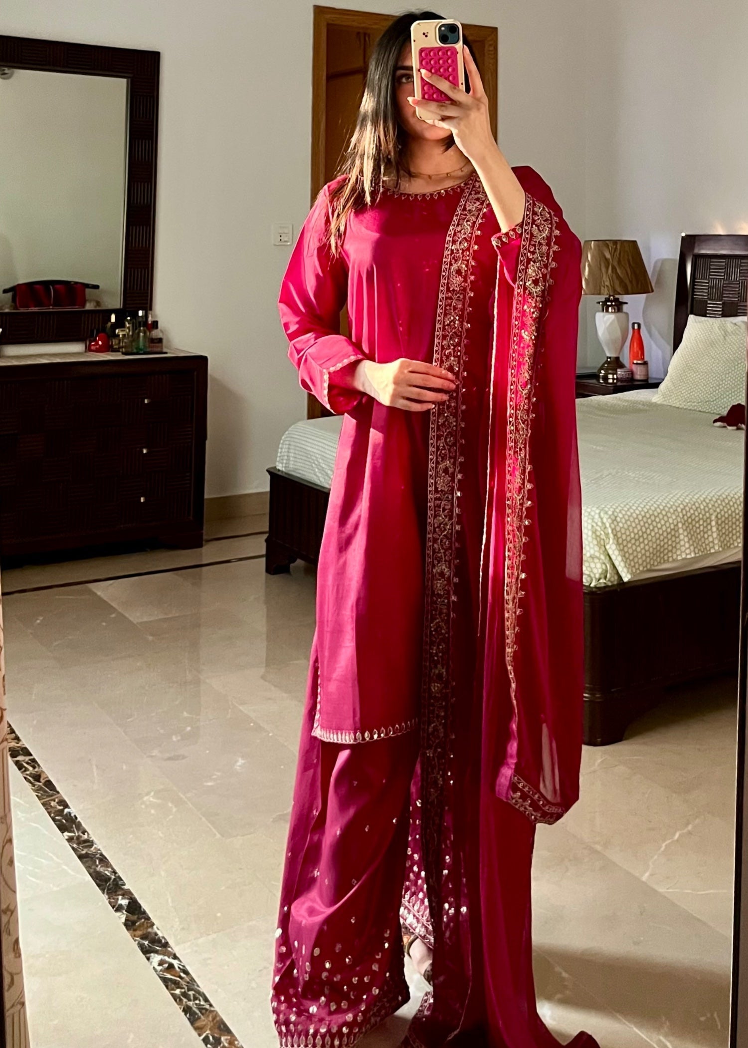 kattan silk Kurta Set in Magenta haze