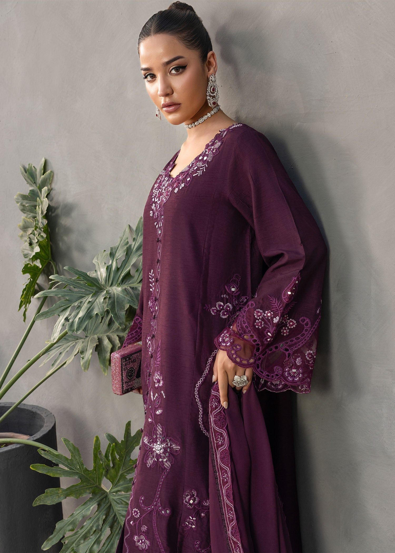 korean raw silk Kurta Set in Plum purple