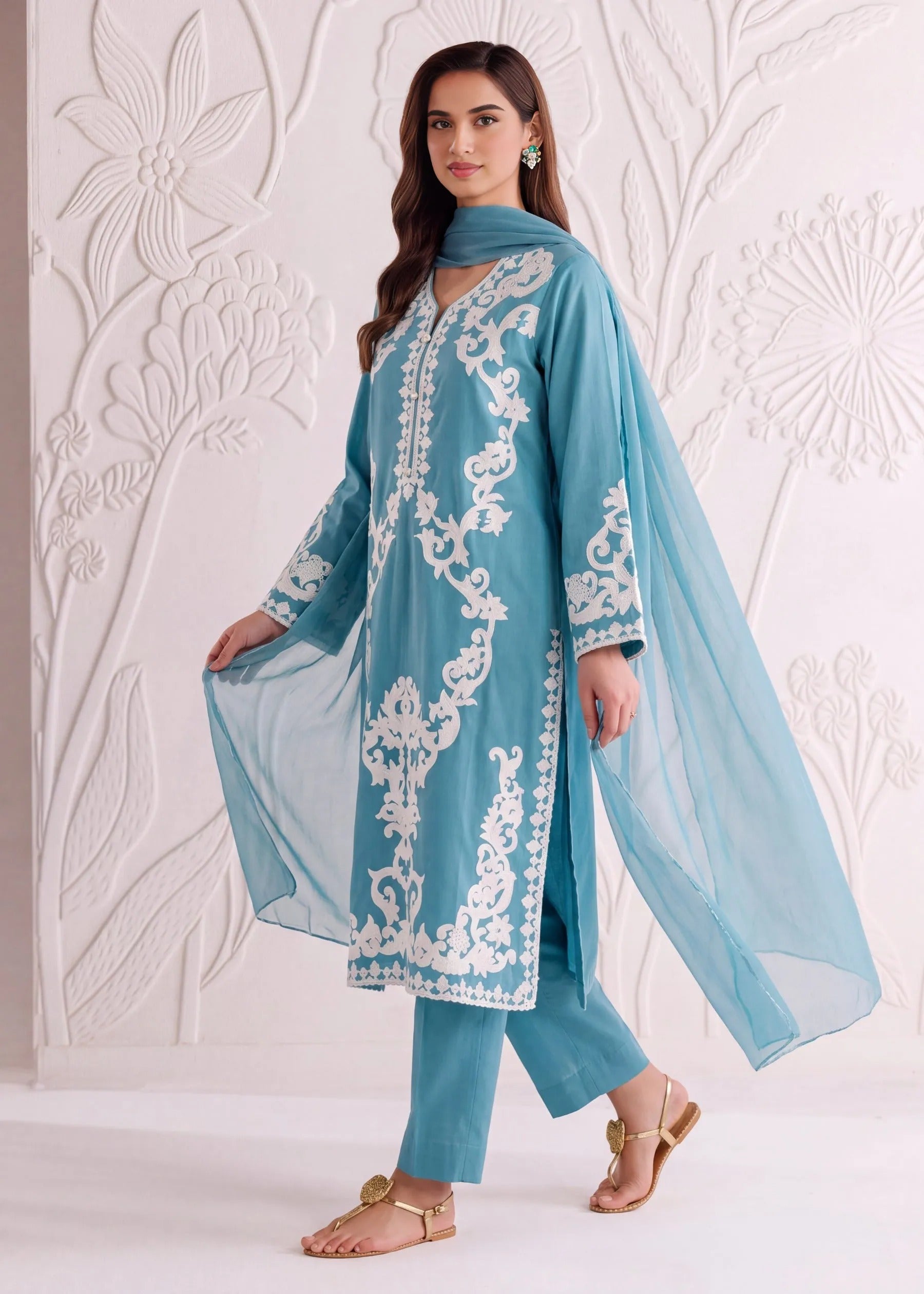 linen Kurta Set in Baby blue