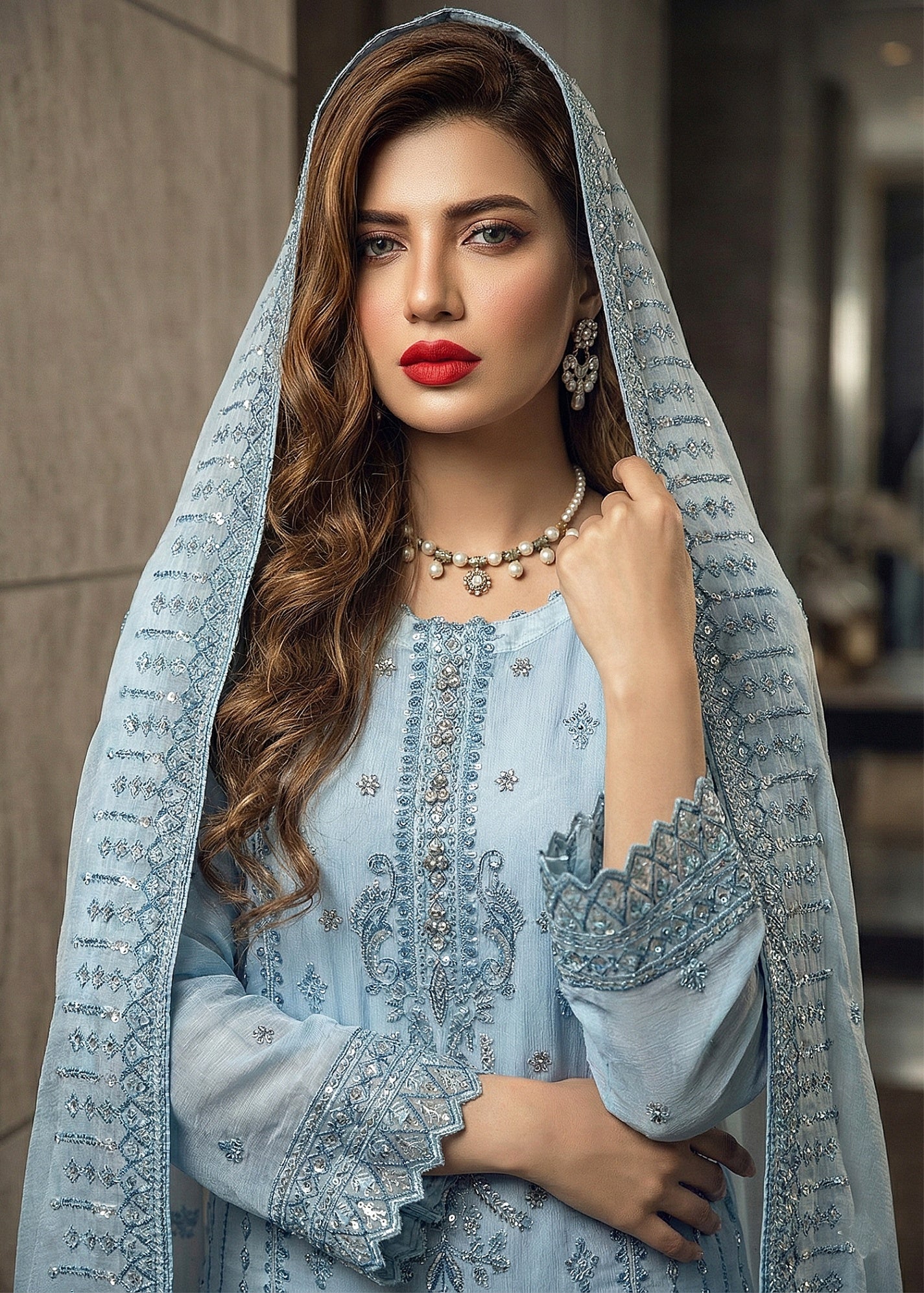 chiffon Kurta Set in Frost blue