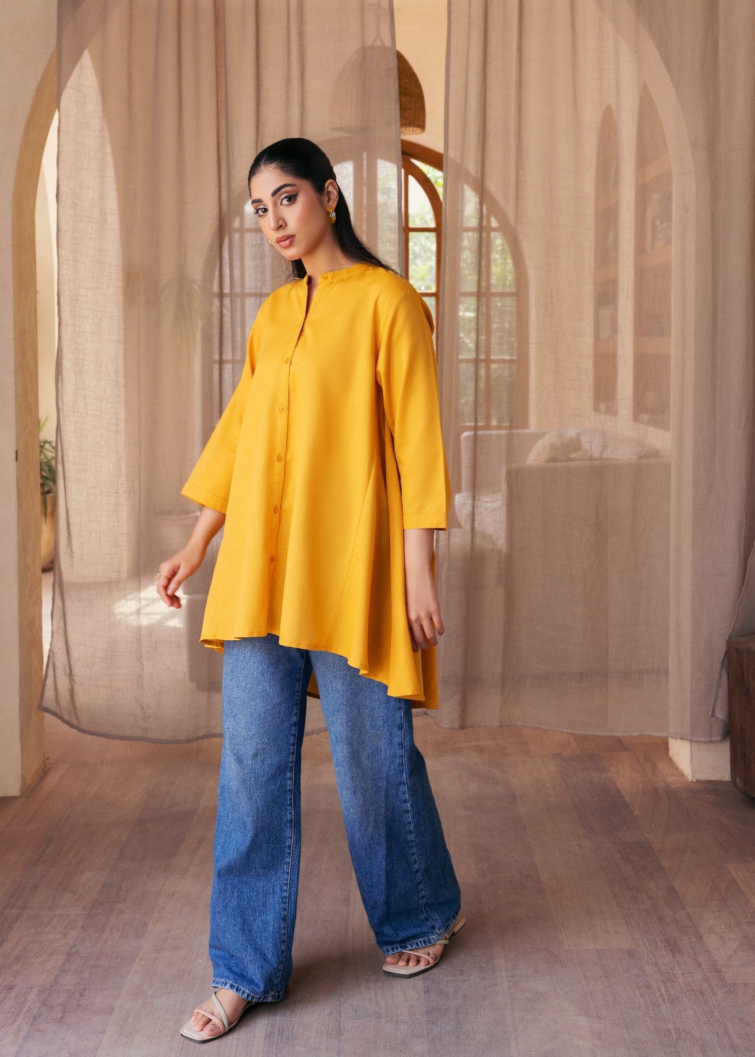 slub khaddar Top in Mustard