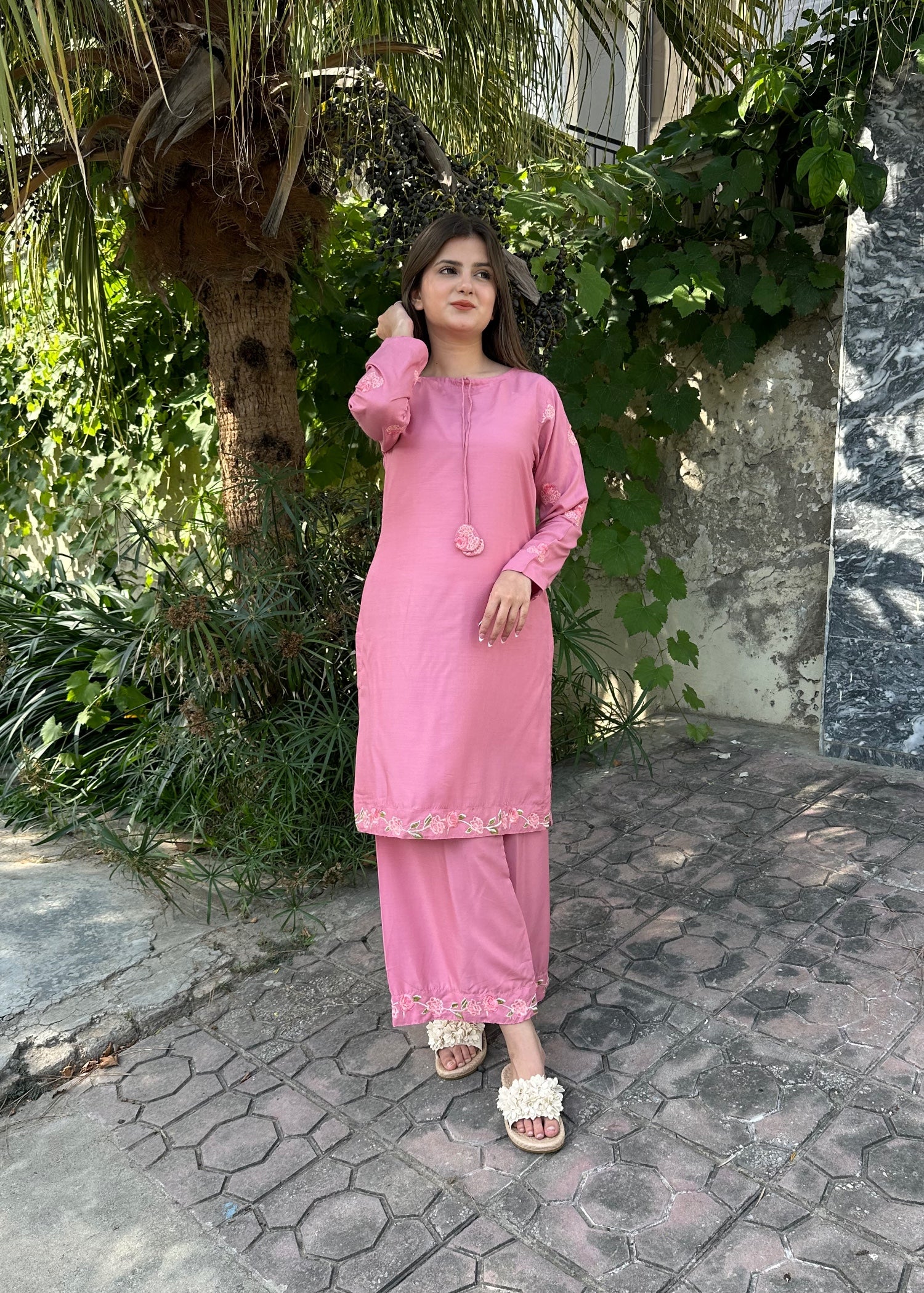 arabic lawn Kurta Set in Tea rose pink