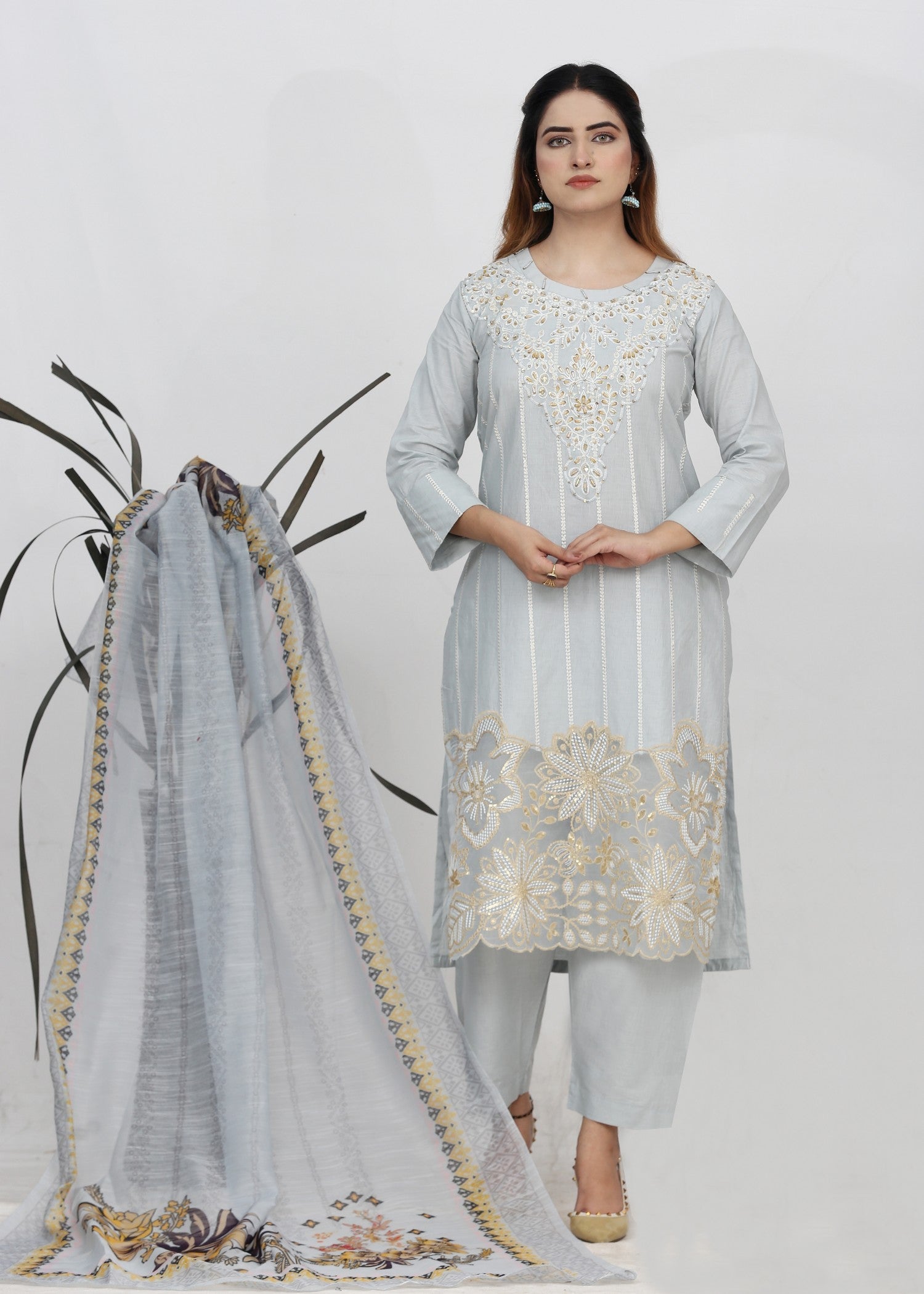cotton Kurta Set in Light grey