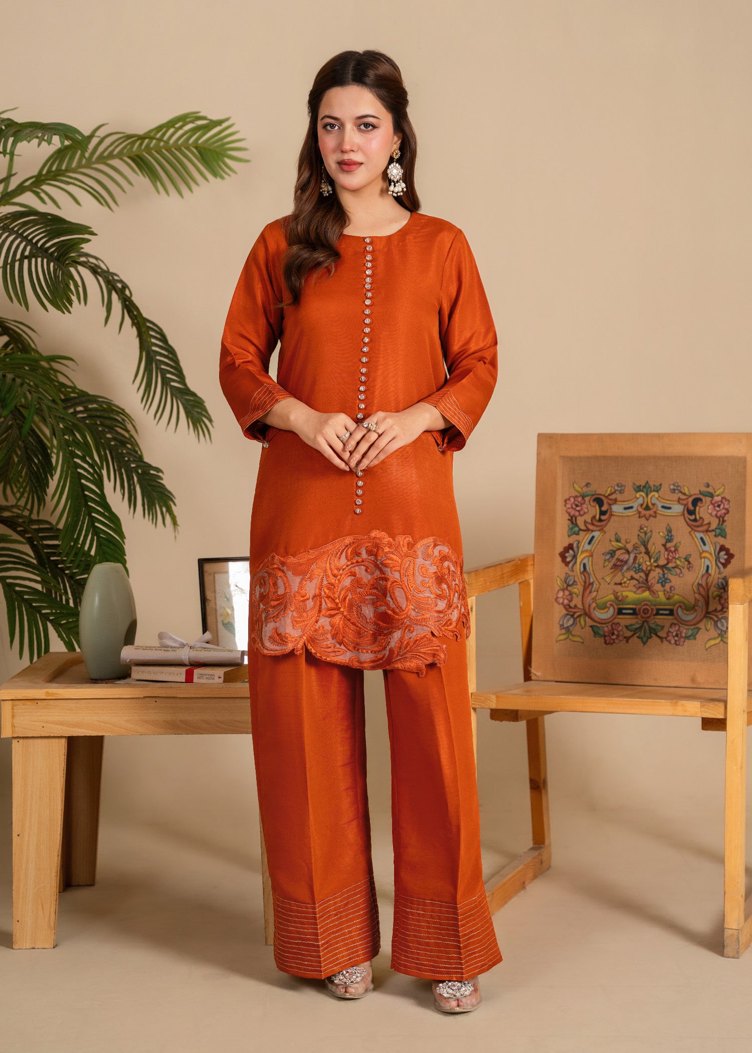 indian raw silk Co Ord Sets in Rust orange