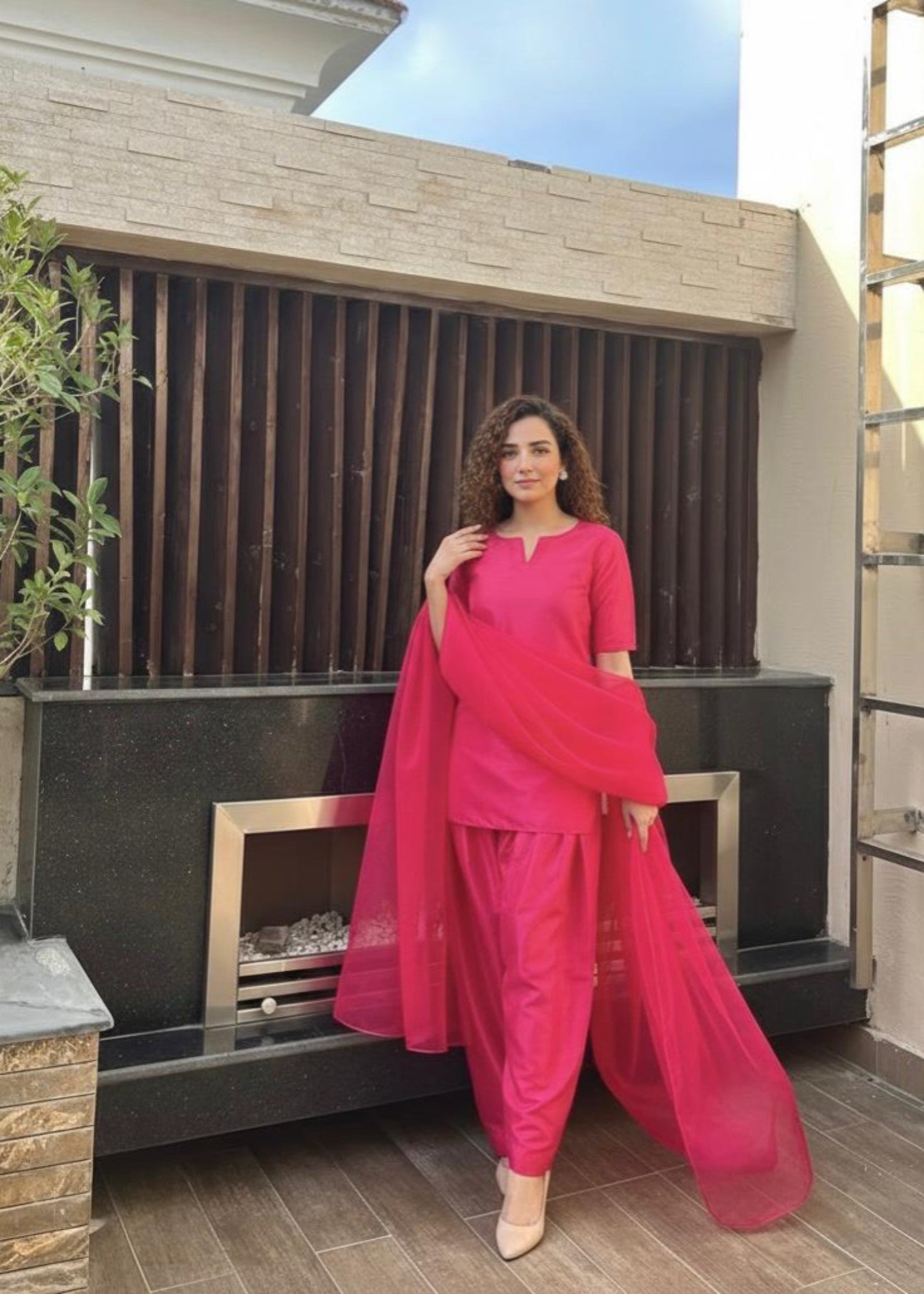 silk Kurta Set in Fuchsia pink