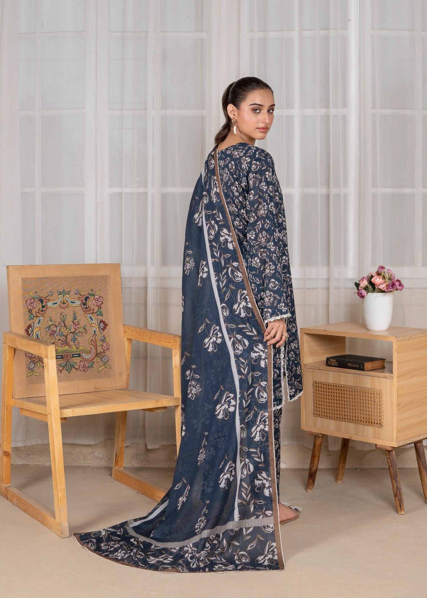 textured lawn Kurta Set in Twilight blue
