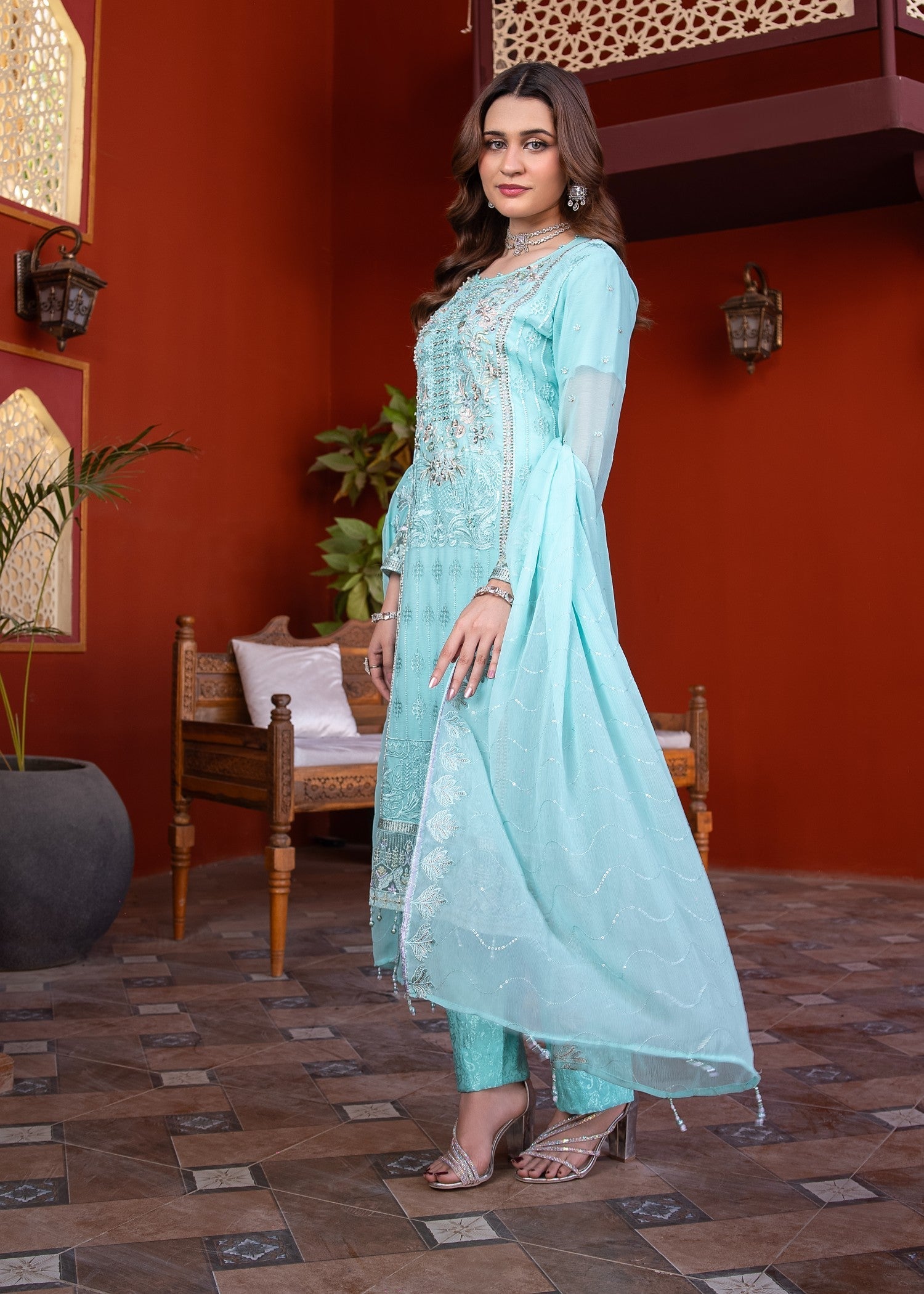 chiffon Unstitched in Aquamarine