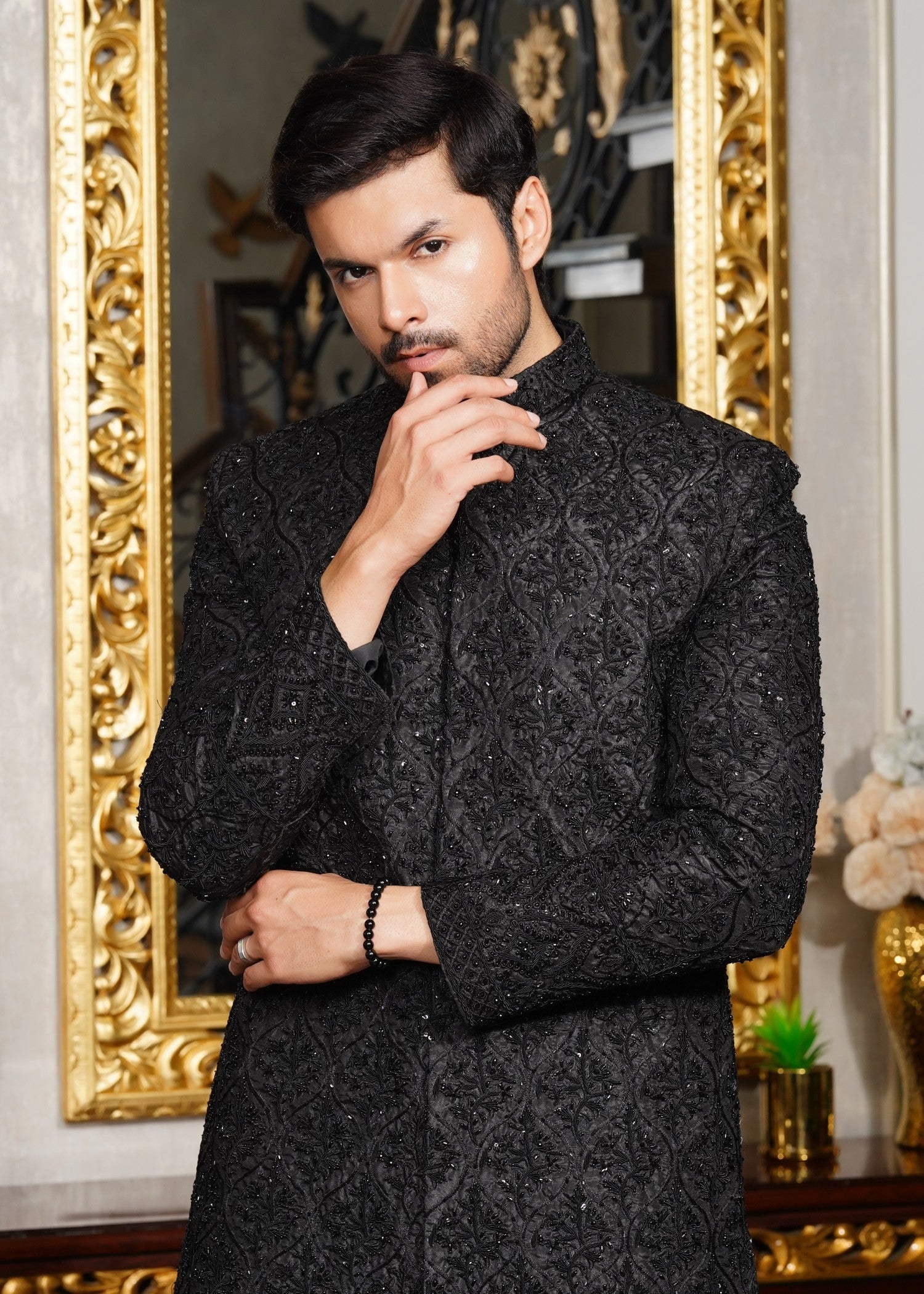 silk jamawar Sherwani in Black